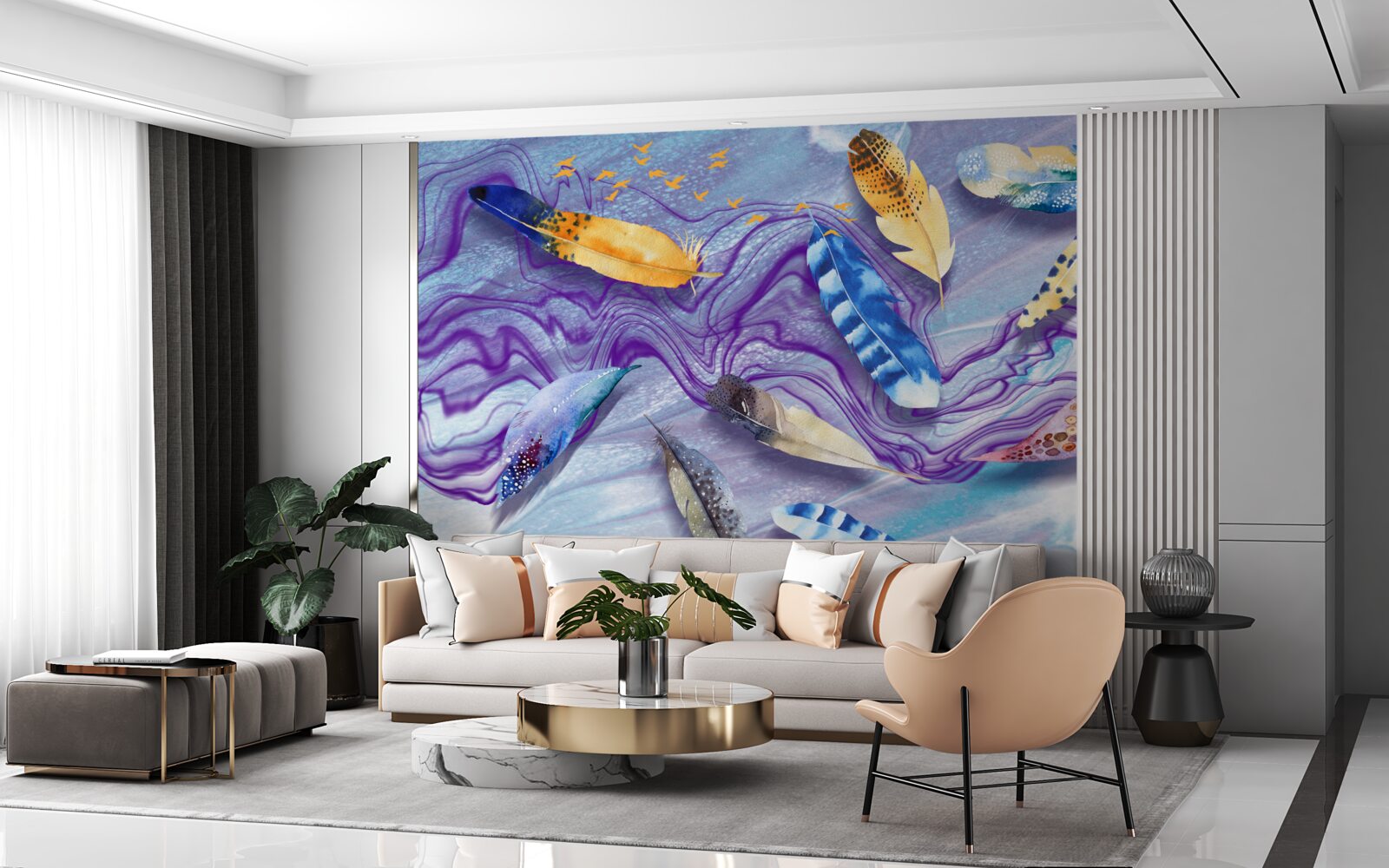 Papier peint les vagues d'encre sont décorées de plumes