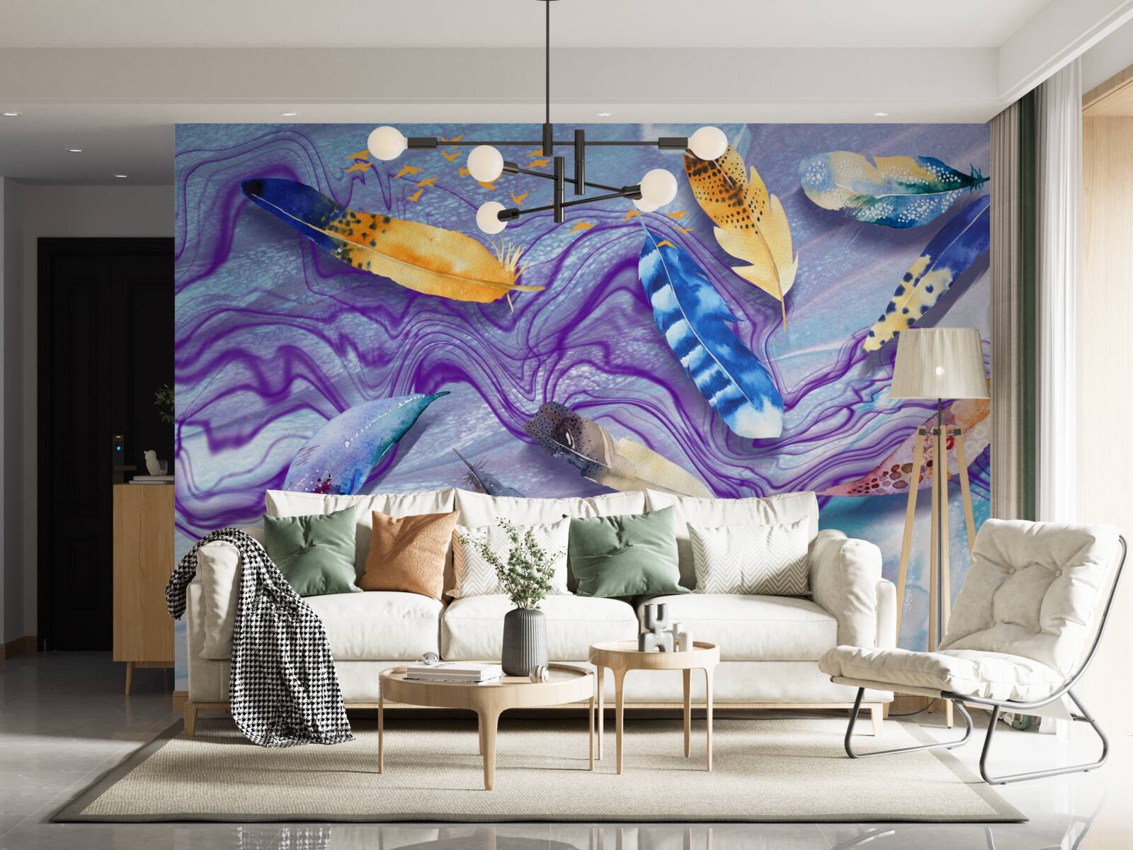 Papier peint les vagues d'encre sont décorées de plumes