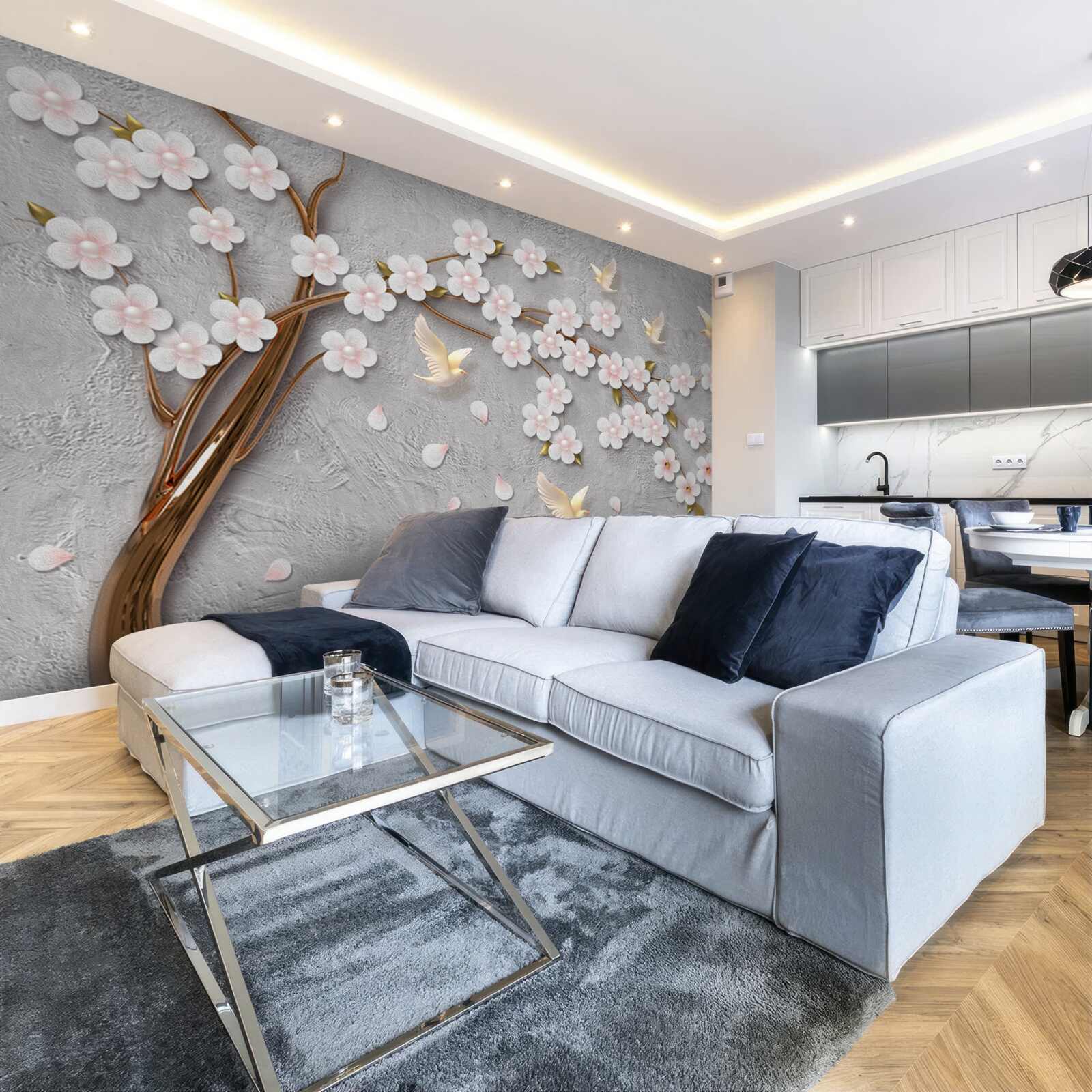 Papier peint arbre à fleurs et pigeons blancs comme neige