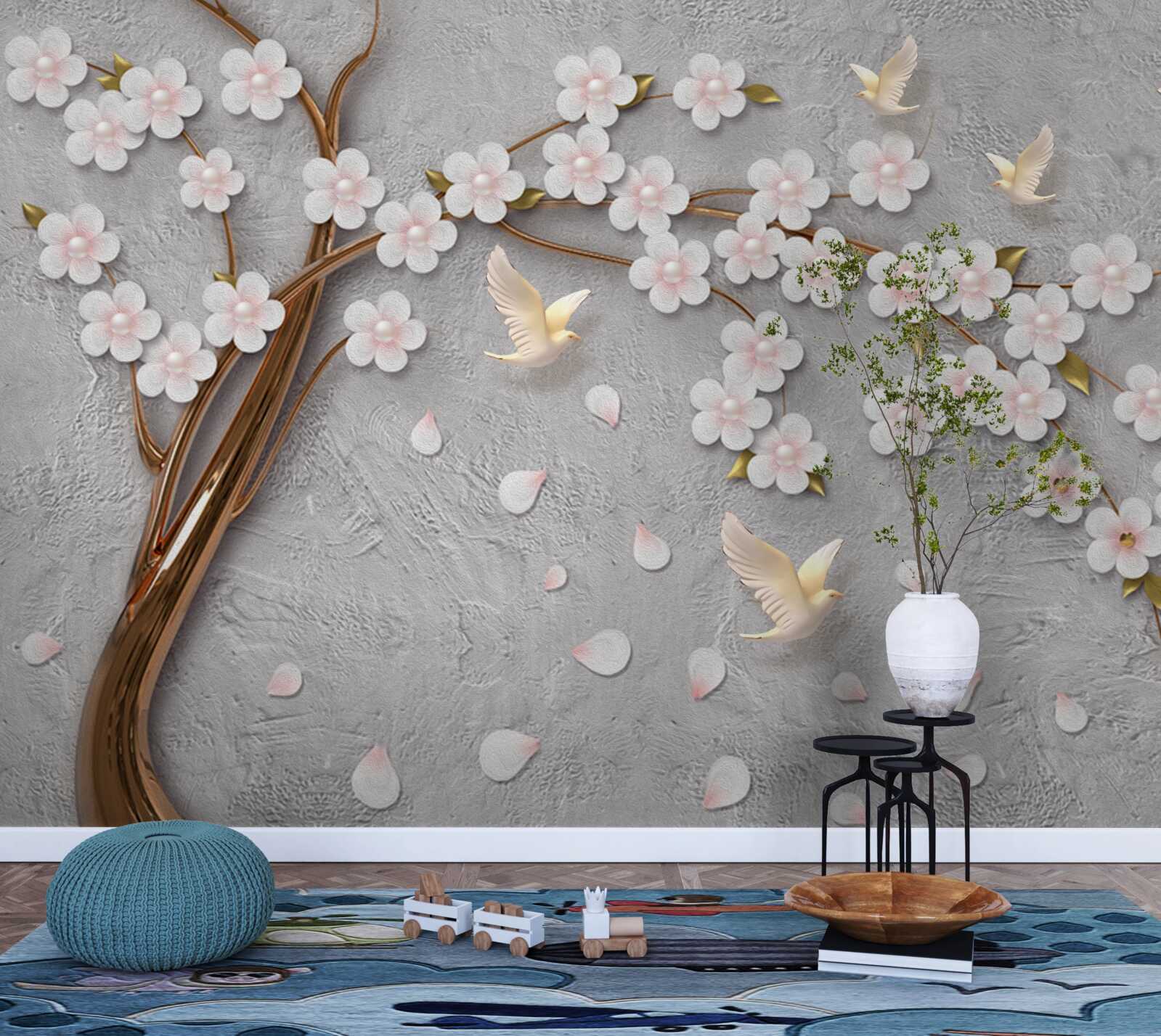 Papier peint arbre à fleurs et pigeons blancs comme neige