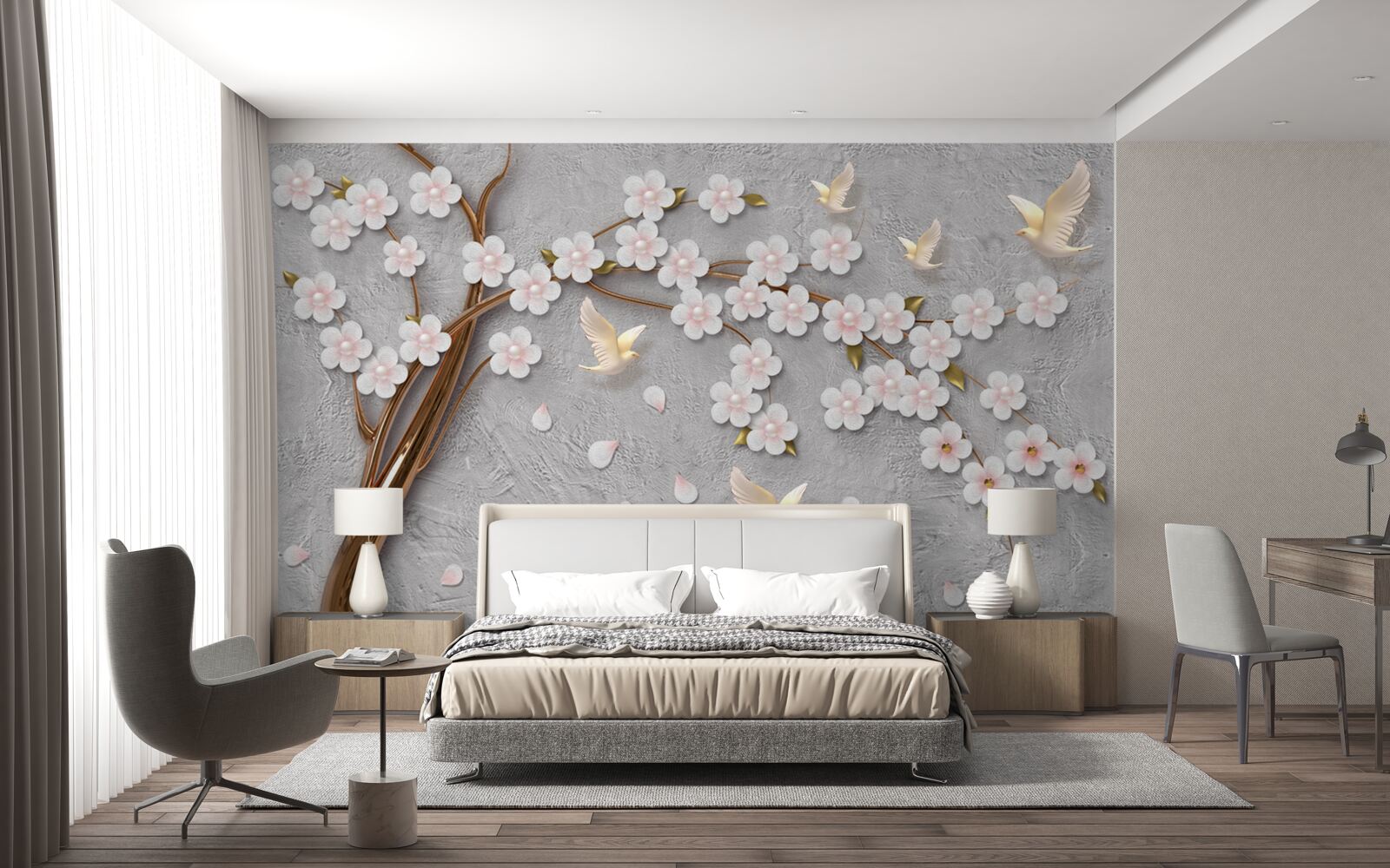 Papier peint arbre à fleurs et pigeons blancs comme neige