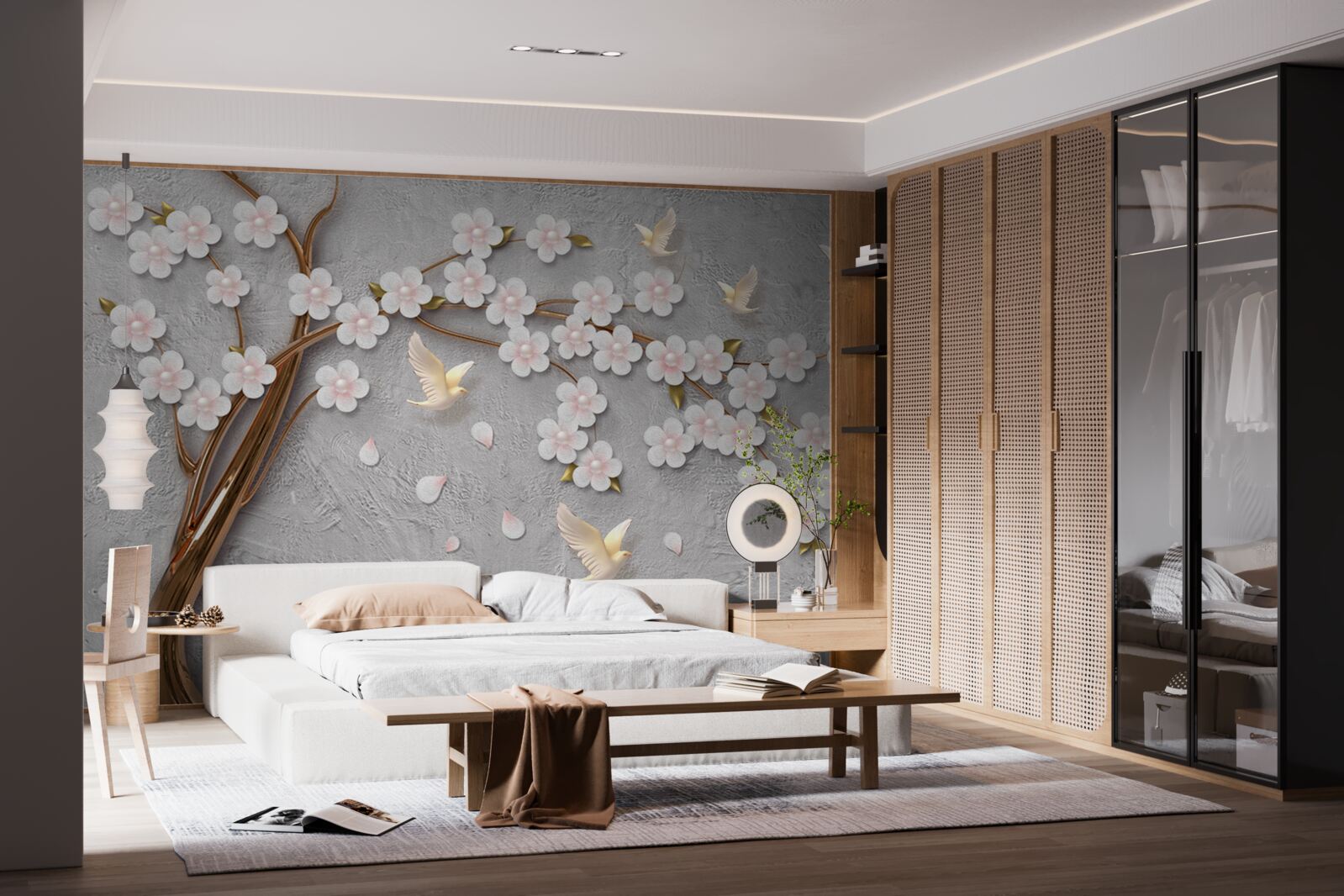 Papier peint arbre à fleurs et pigeons blancs comme neige