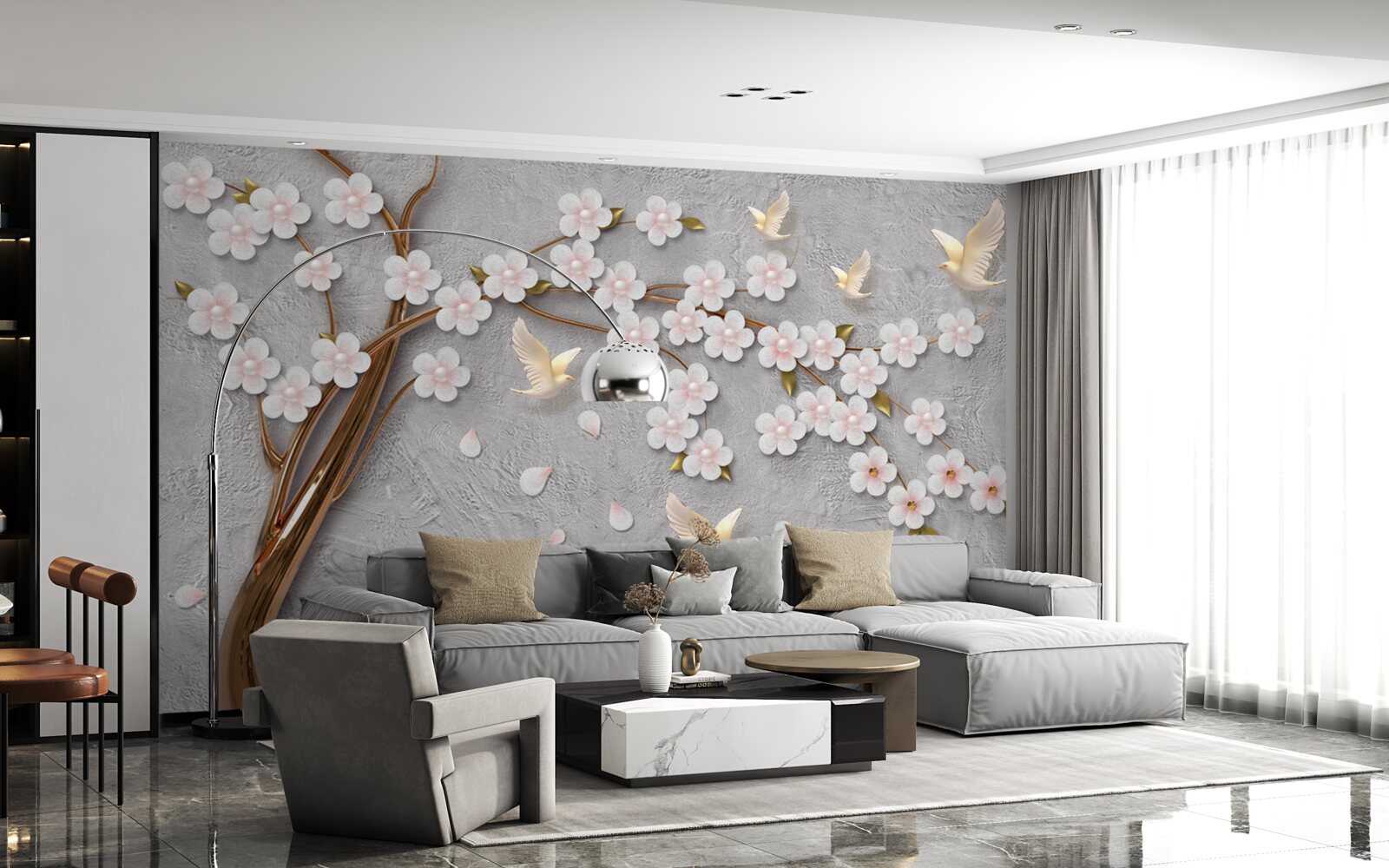 Papier peint arbre à fleurs et pigeons blancs comme neige