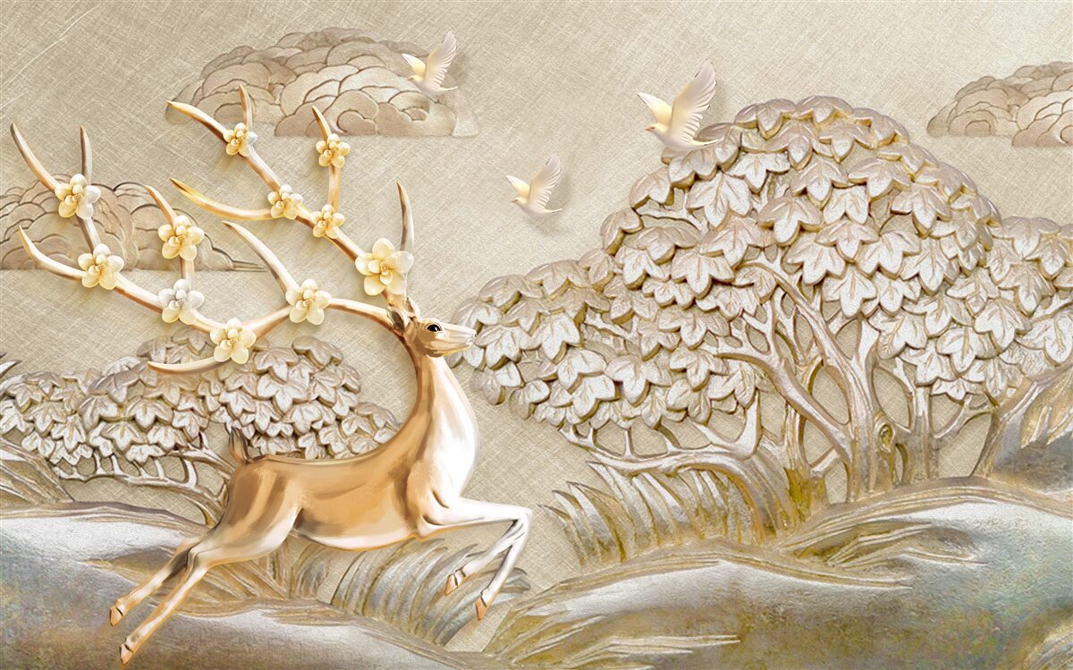 Papier peint cerf doré courant luxueusement dans une prairie