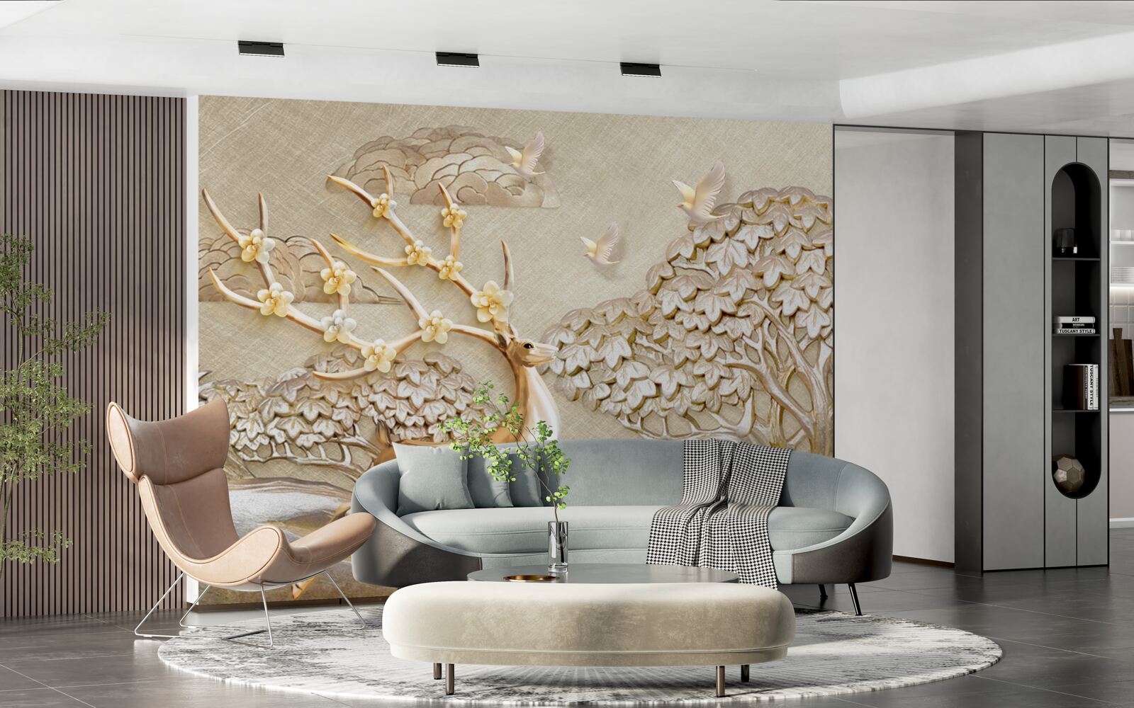 Papier peint cerf doré courant luxueusement dans une prairie