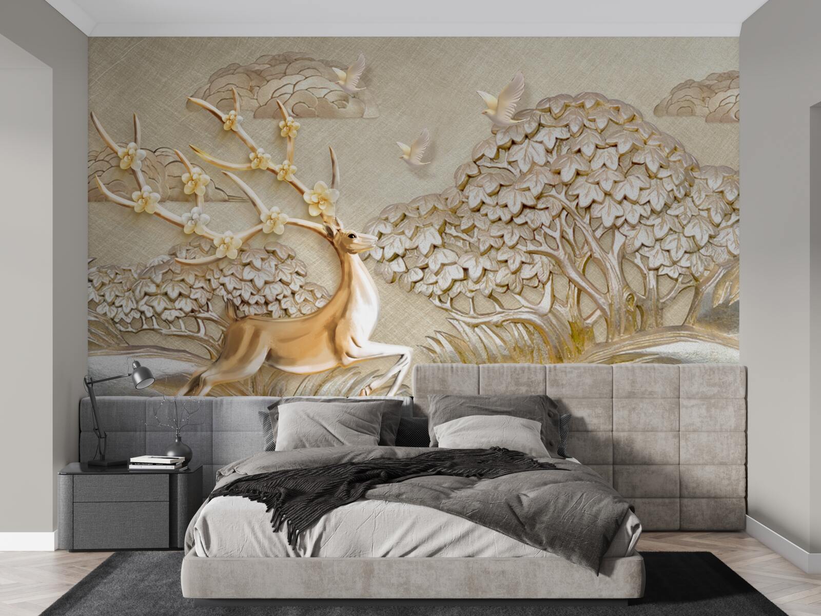 Papier peint cerf doré courant luxueusement dans une prairie