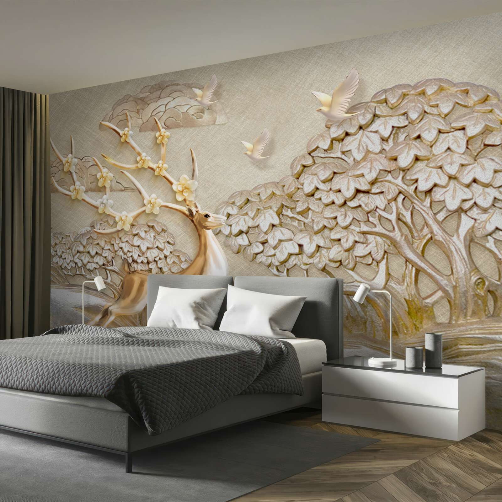 Papier peint cerf doré courant luxueusement dans une prairie