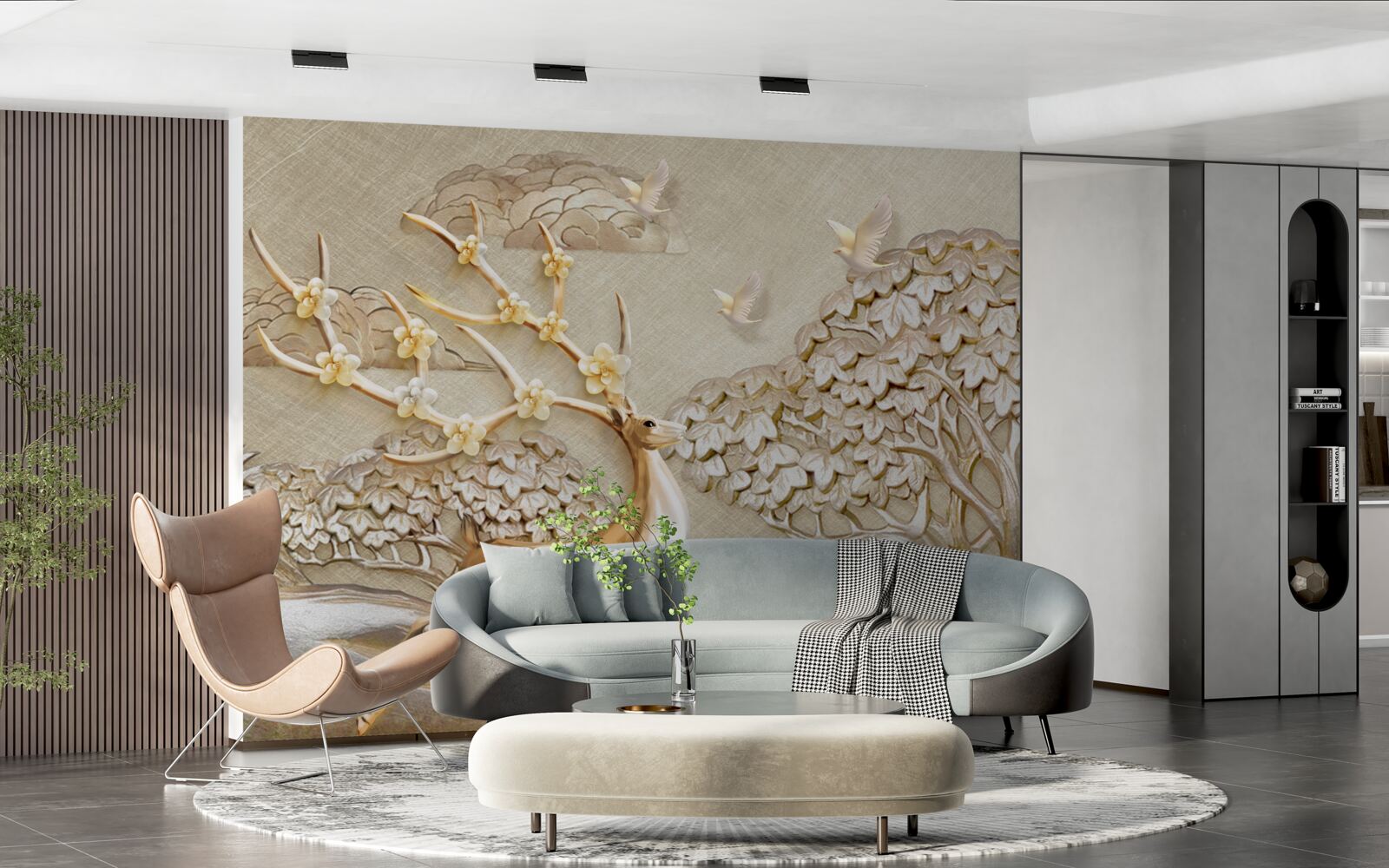 Papier peint cerf doré courant luxueusement dans une prairie