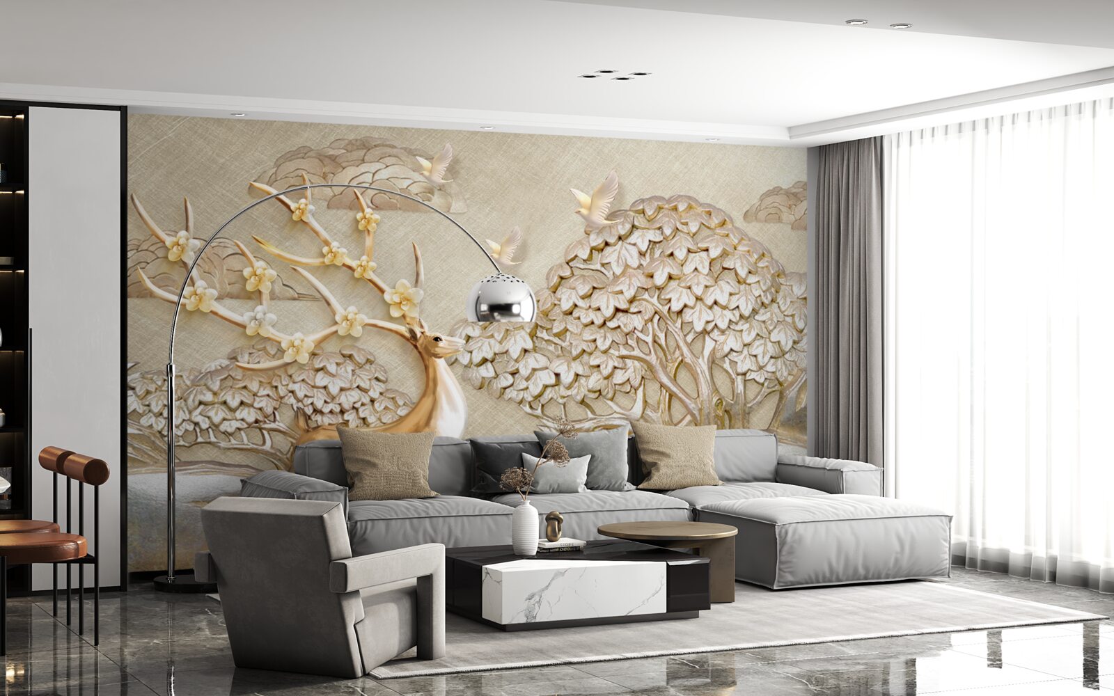 Papier peint cerf doré courant luxueusement dans une prairie