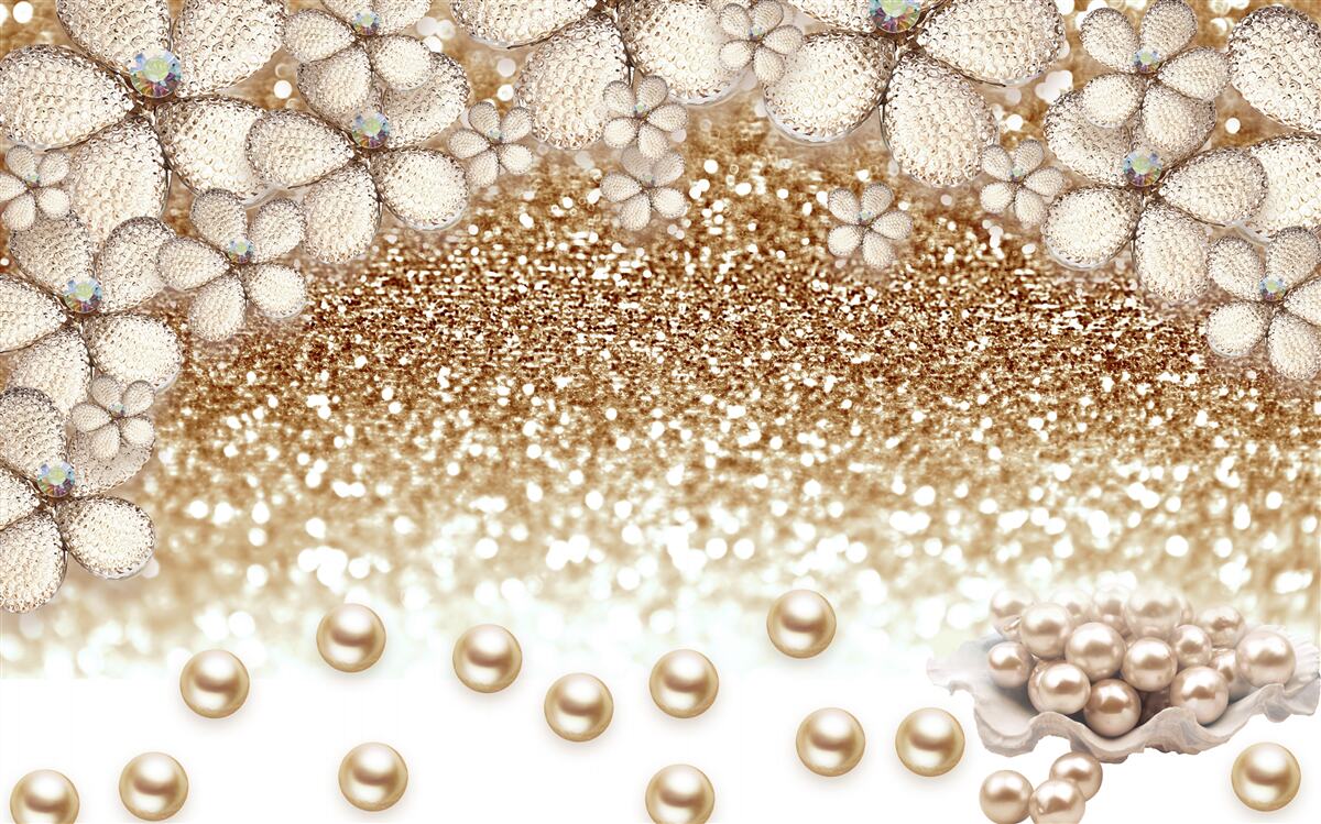 Papier peint fleurs et perles blanches et dorées