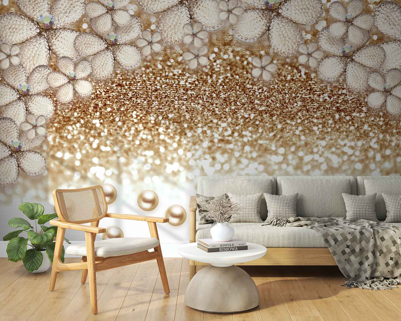 Papier peint fleurs et perles blanches et dorées