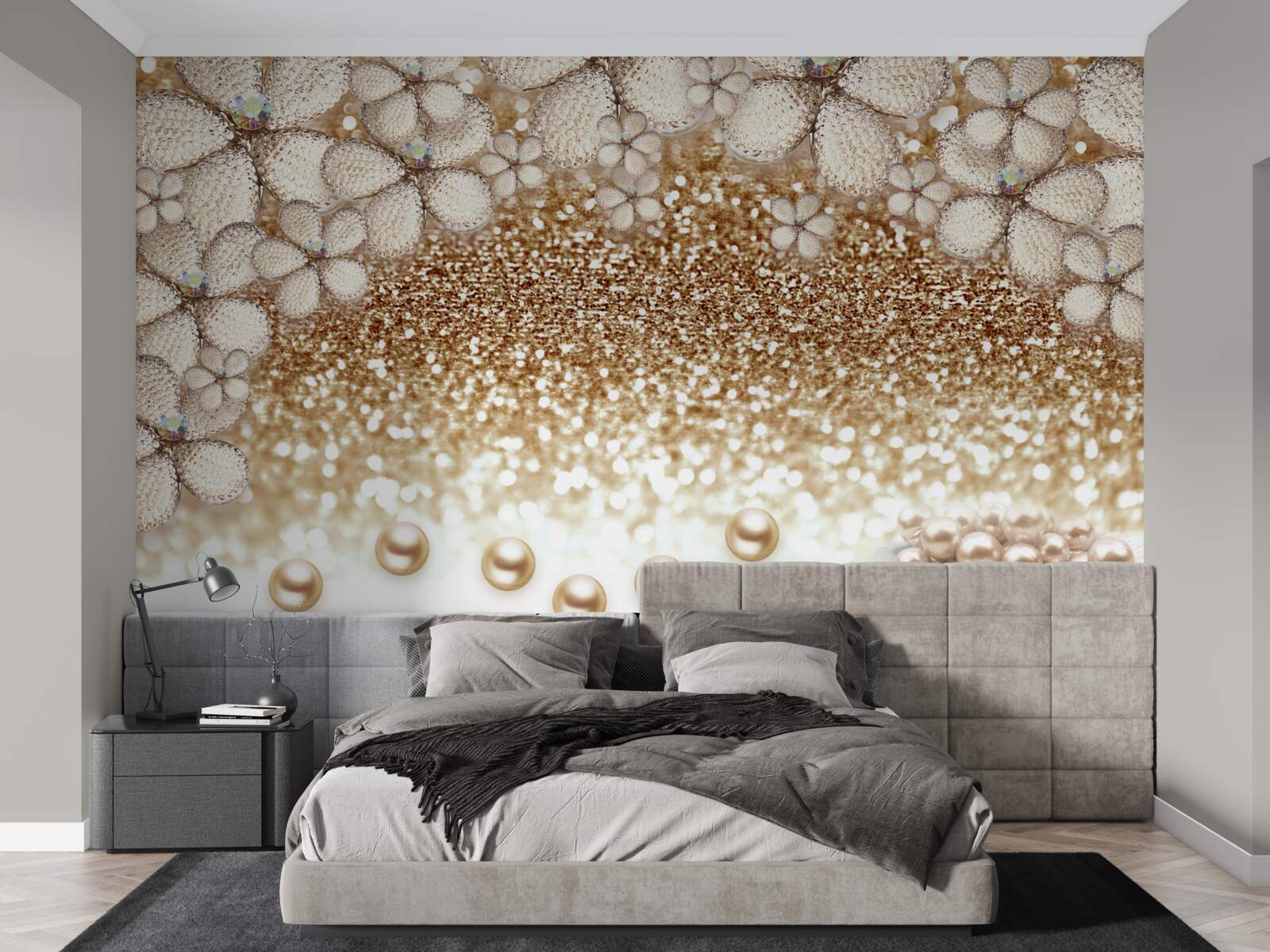 Papier peint fleurs et perles blanches et dorées