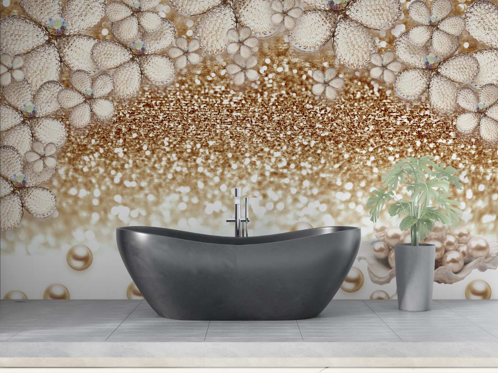 Papier peint fleurs et perles blanches et dorées