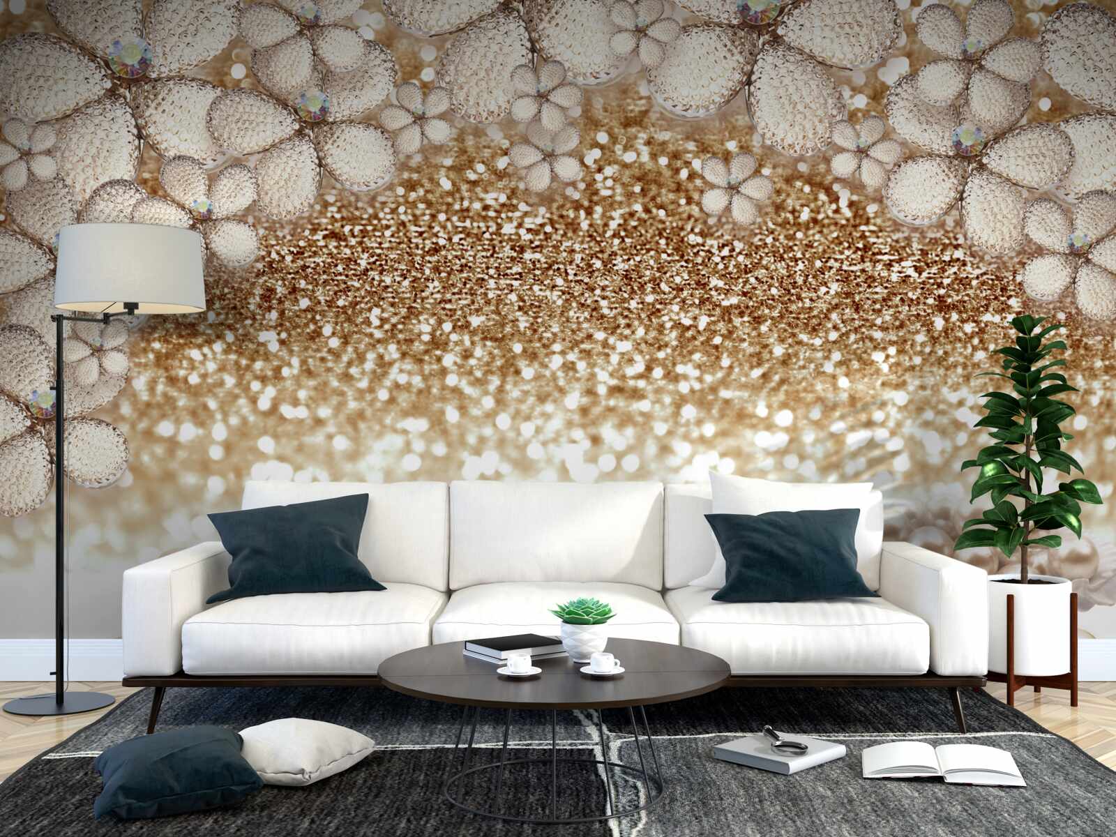 Papier peint fleurs et perles blanches et dorées