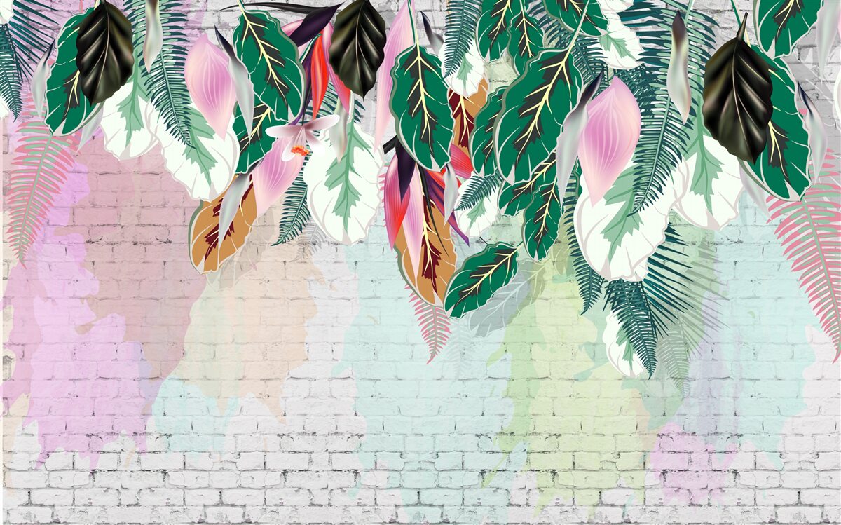 Papier peint feuilles tropicales sur fond rose