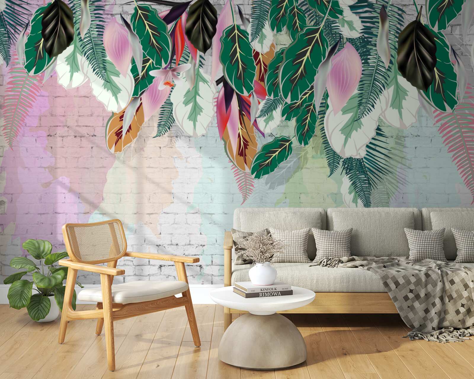 Papier peint feuilles tropicales sur fond rose