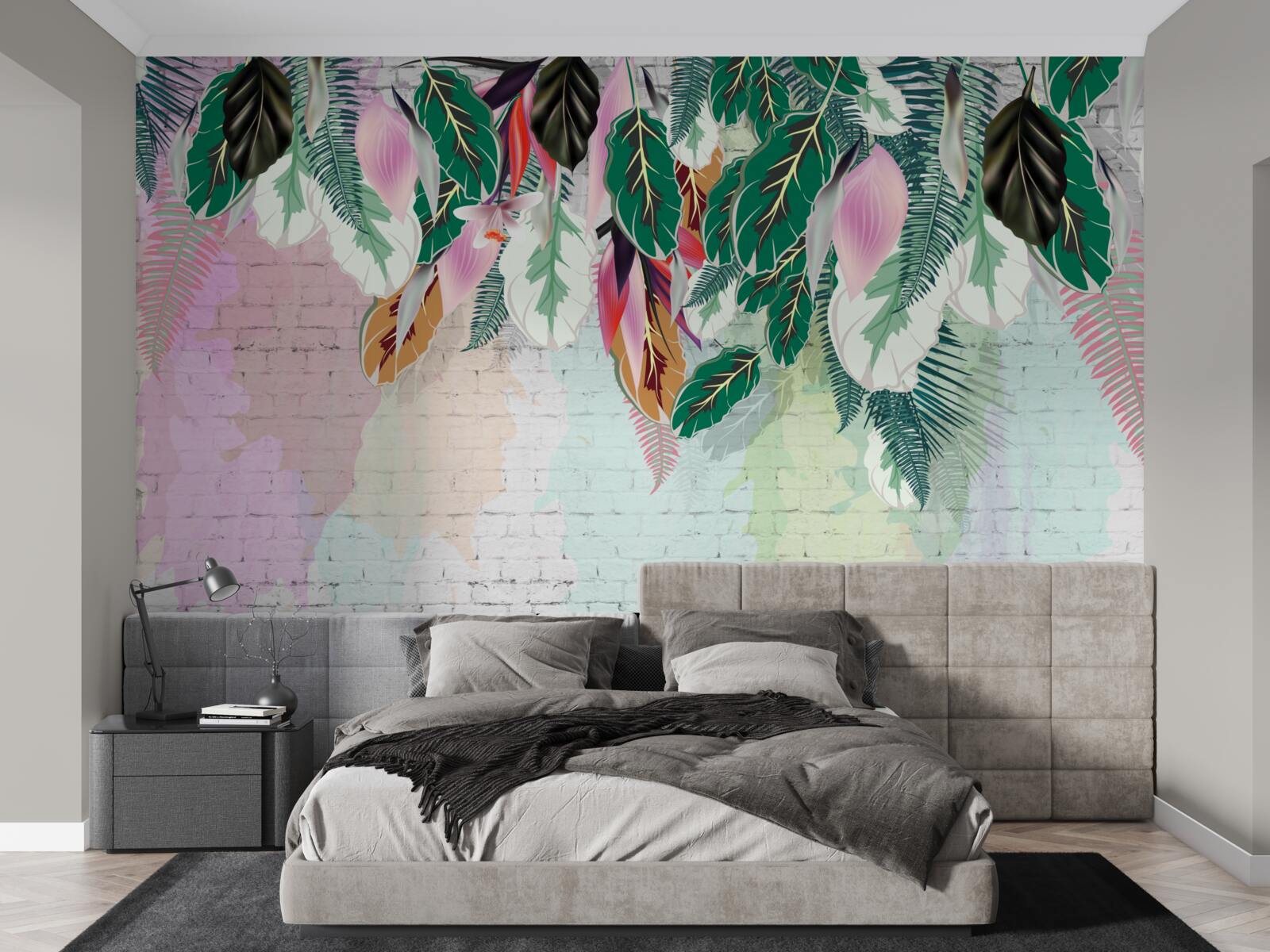 Papier peint feuilles tropicales sur fond rose