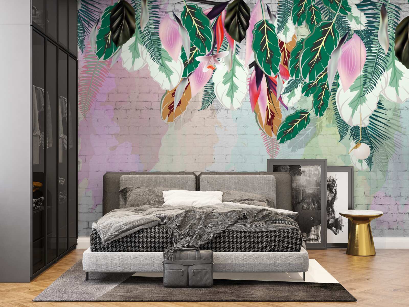 Papier peint feuilles tropicales sur fond rose