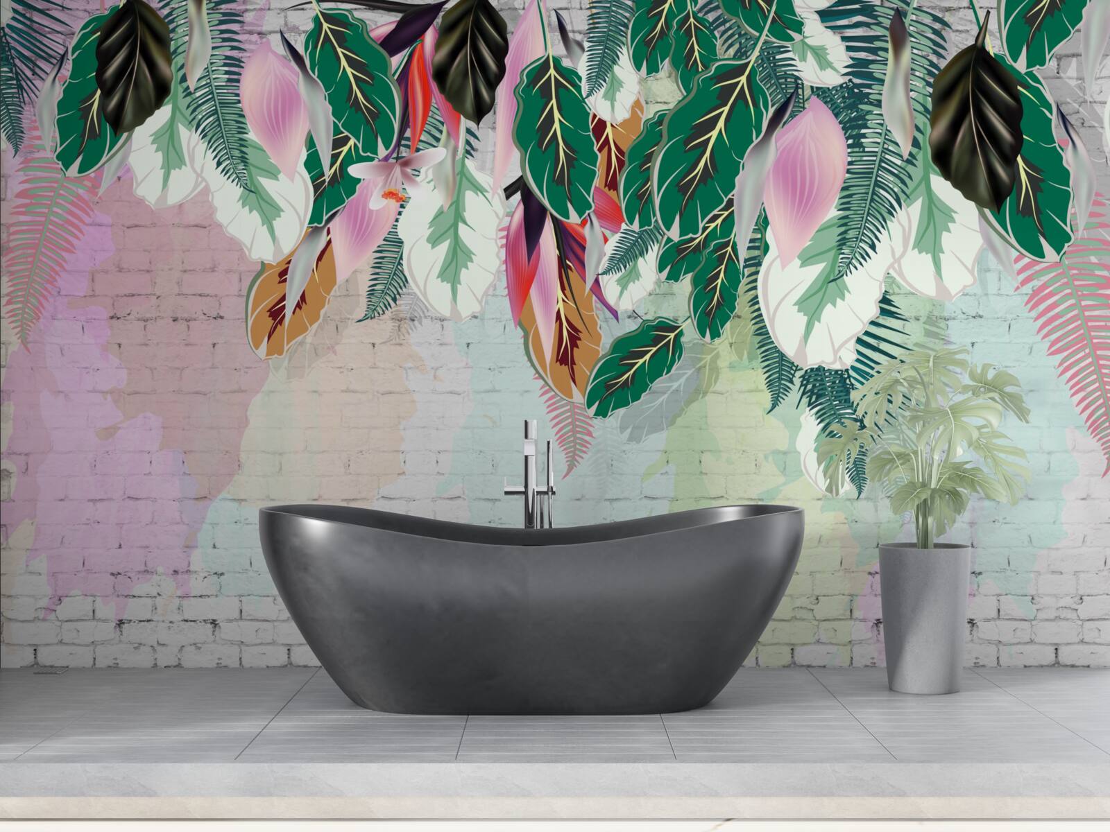 Papier peint feuilles tropicales sur fond rose