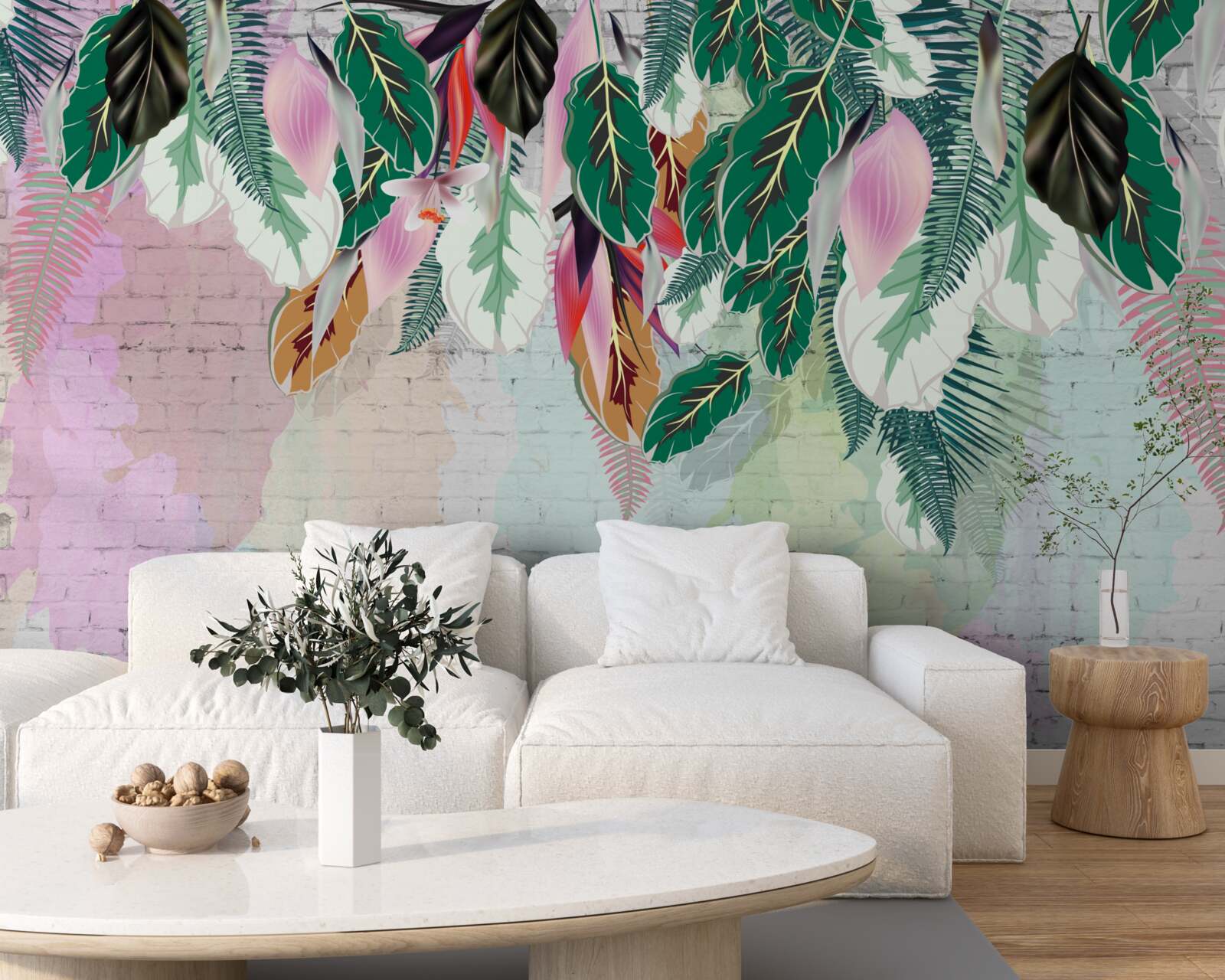 Papier peint feuilles tropicales sur fond rose