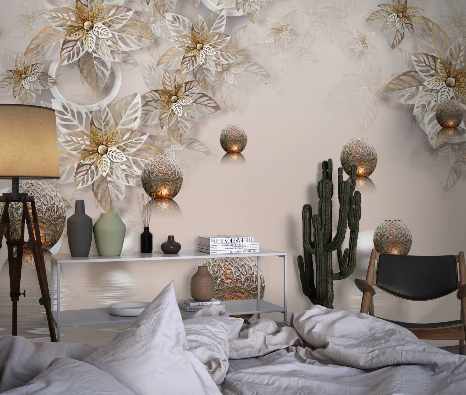 Papier peint plantes et boules dorées avec éclairage