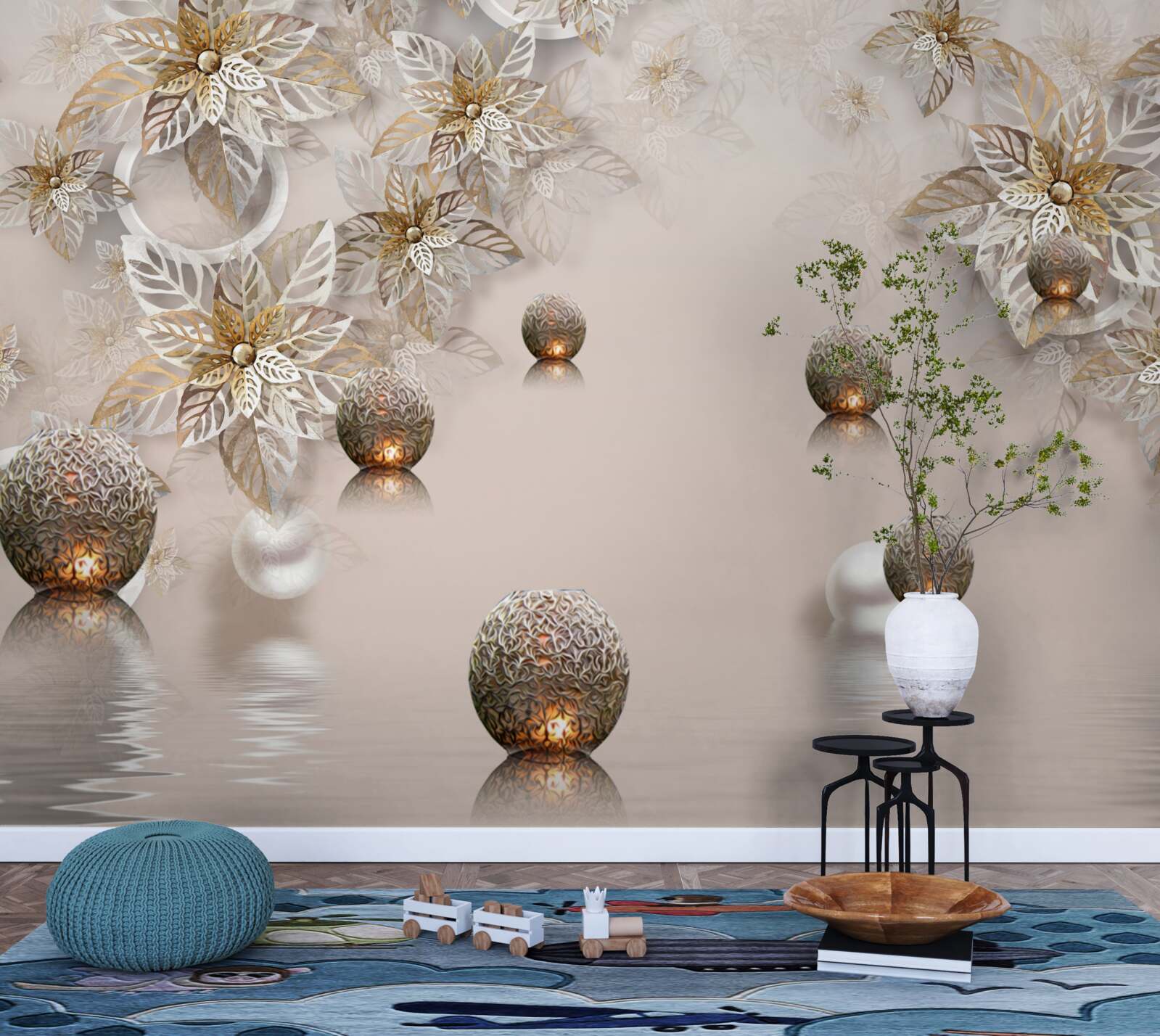 Papier peint plantes et boules dorées avec éclairage