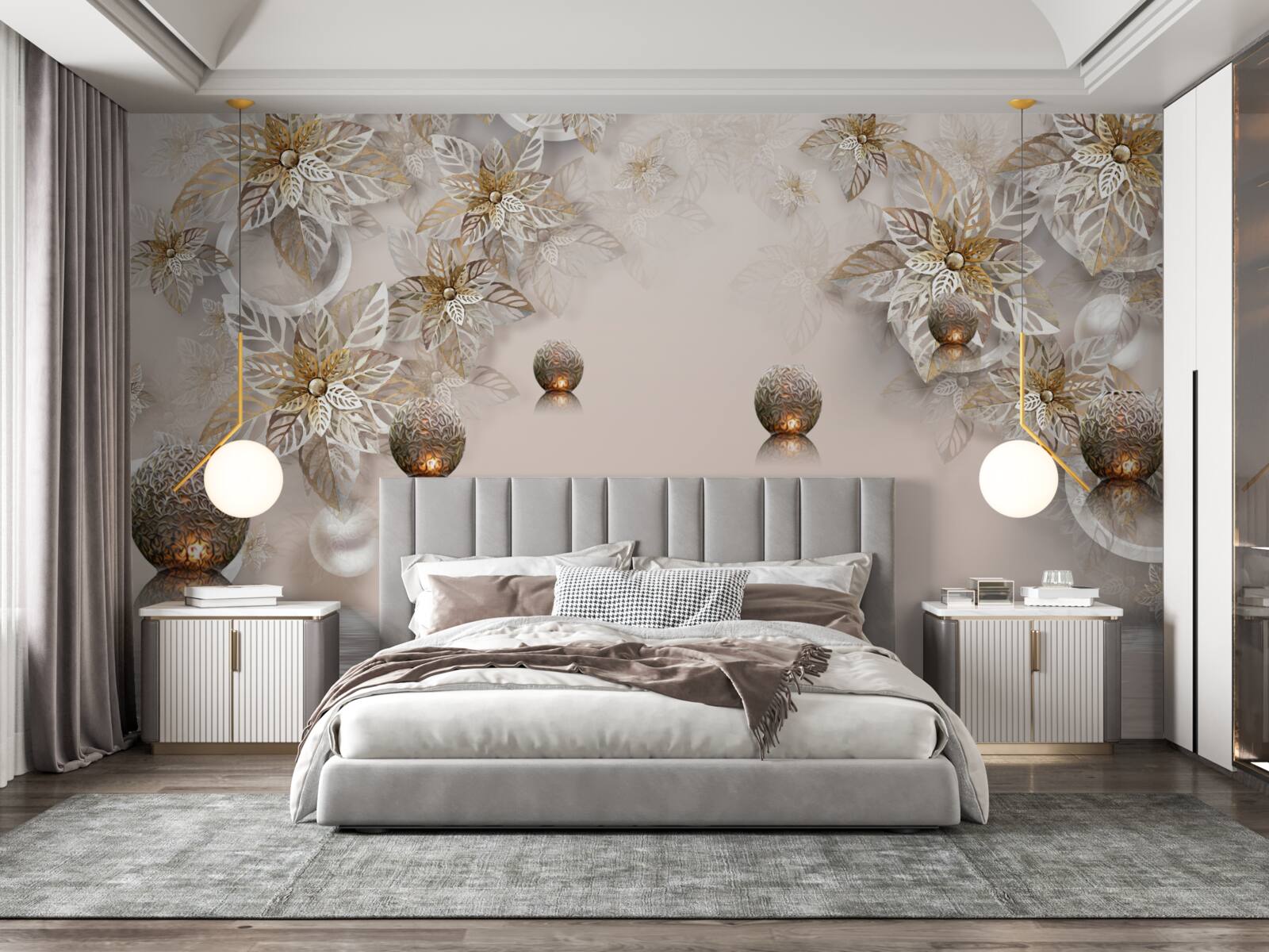 Papier peint plantes et boules dorées avec éclairage