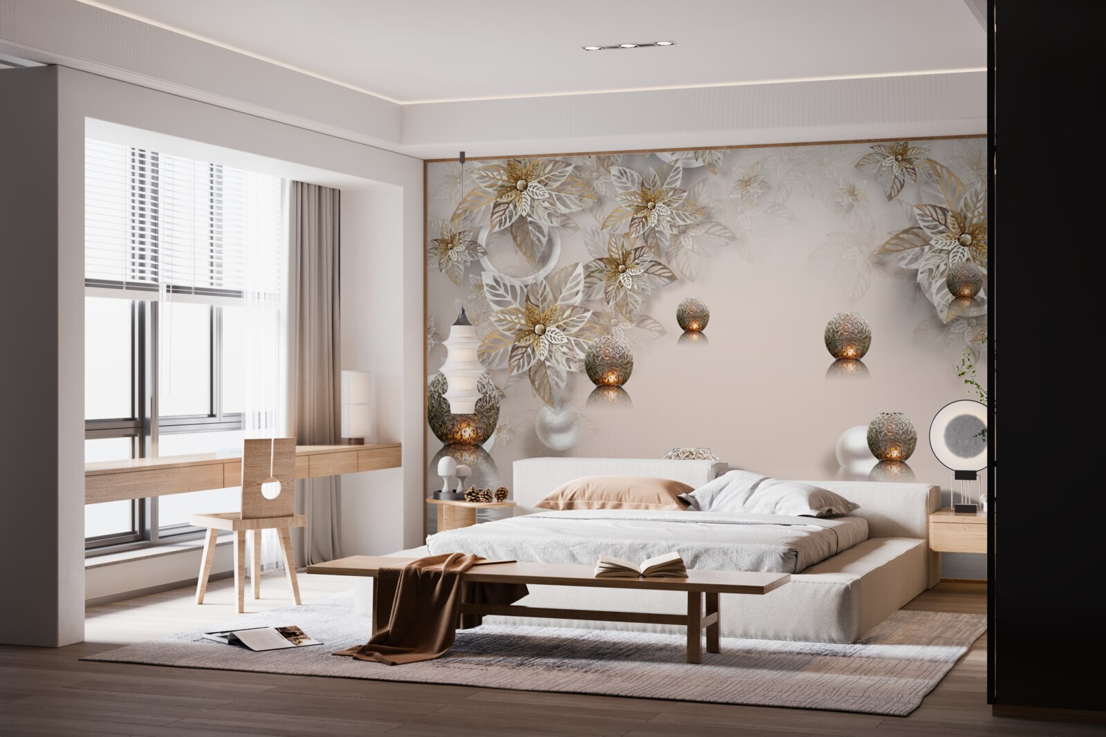 Papier peint plantes et boules dorées avec éclairage