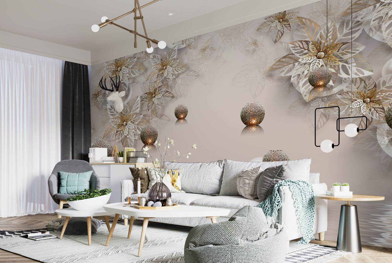 Papier peint plantes et boules dorées avec éclairage