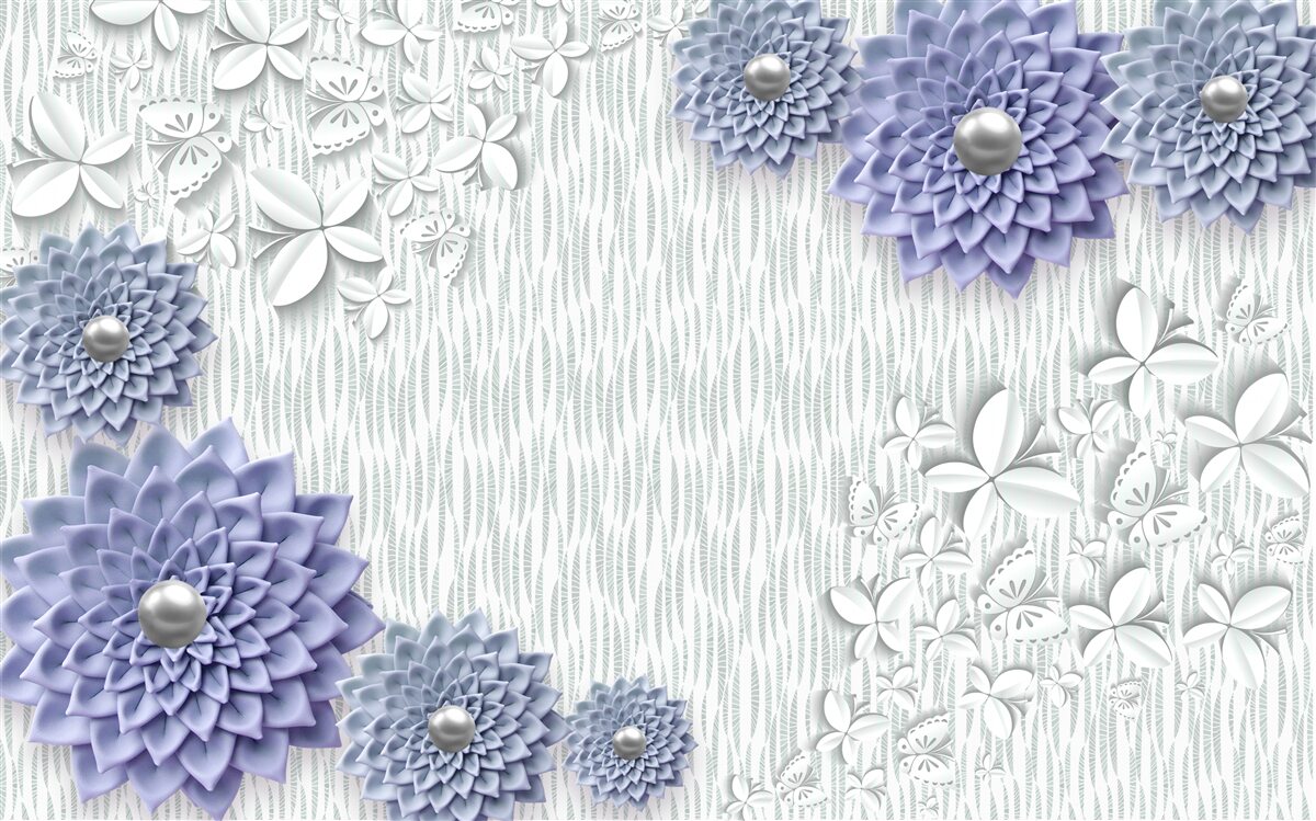 Papier peint tissu bleu avec fleurs et papillons