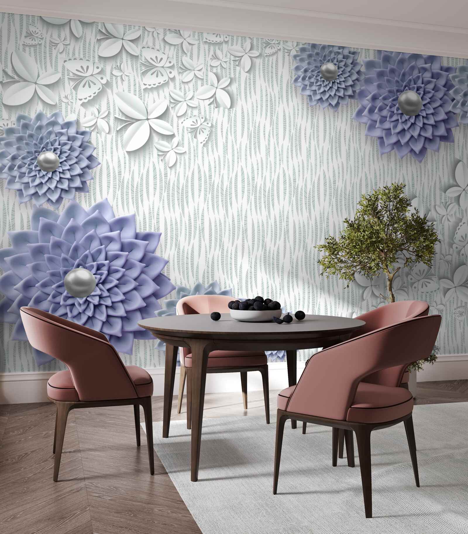 Papier peint tissu bleu avec fleurs et papillons