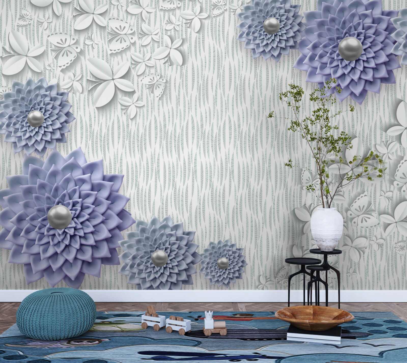 Papier peint tissu bleu avec fleurs et papillons