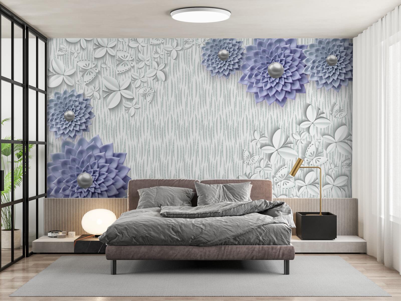 Papier peint tissu bleu avec fleurs et papillons