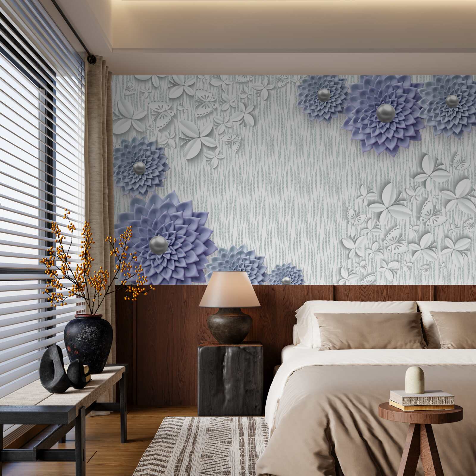 Papier peint tissu bleu avec fleurs et papillons