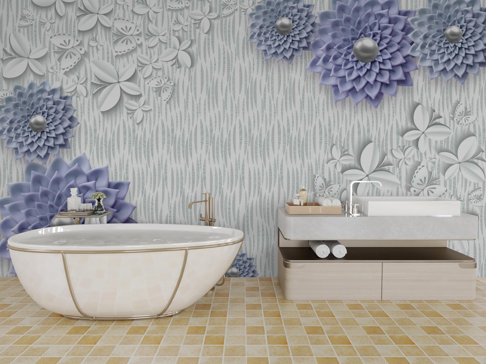 Papier peint tissu bleu avec fleurs et papillons