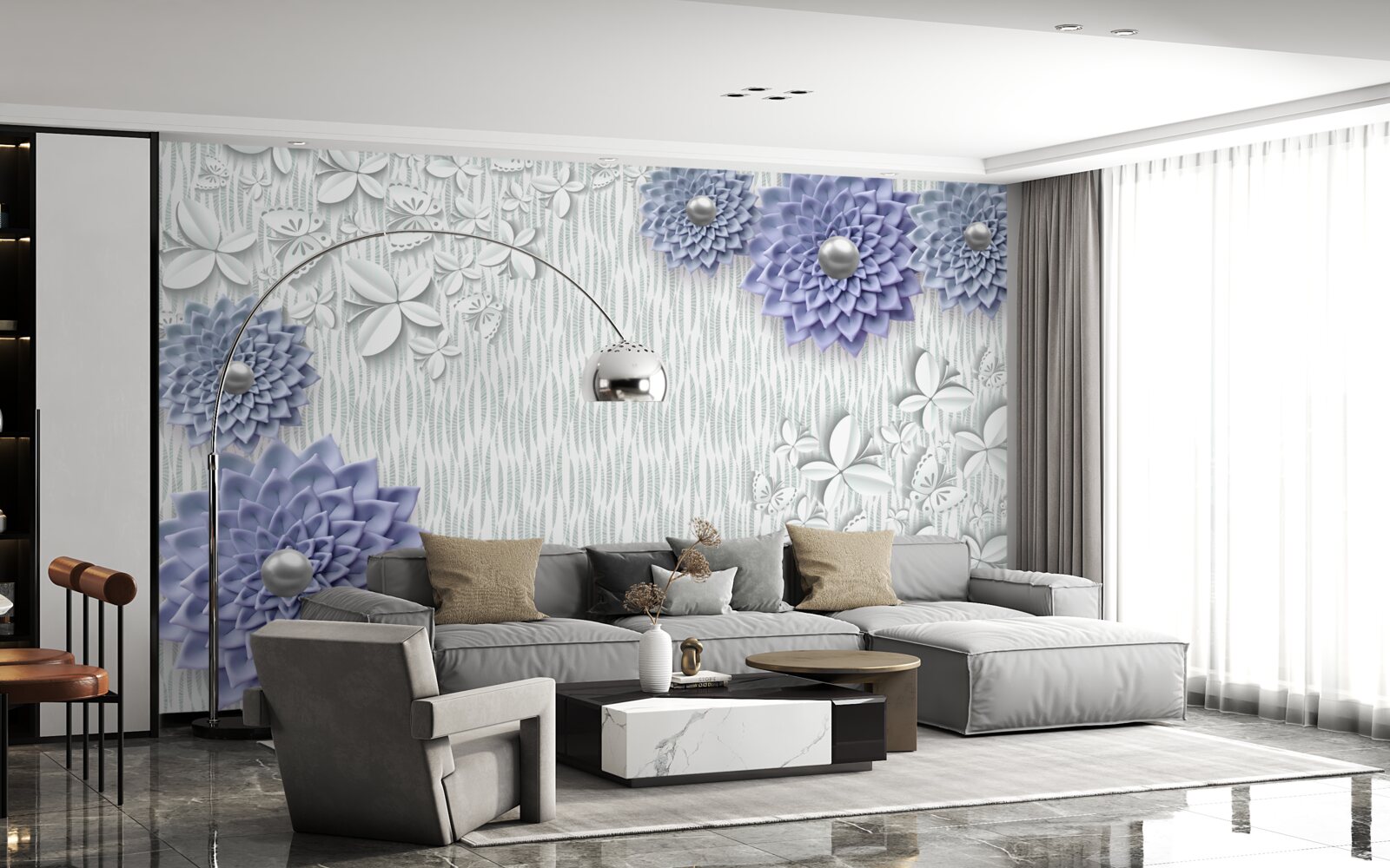 Papier peint tissu bleu avec fleurs et papillons