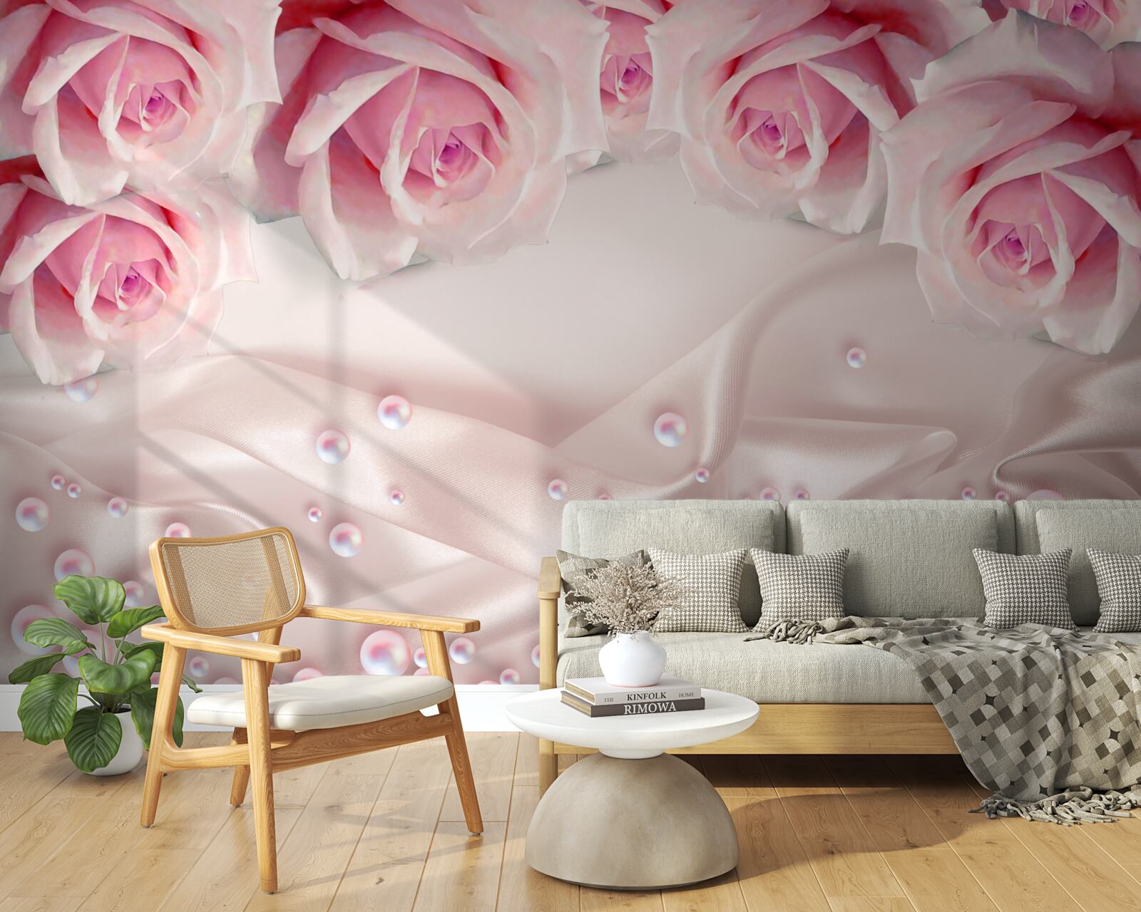 Papier peint ensemble complexe de perles et de roses roses en soie