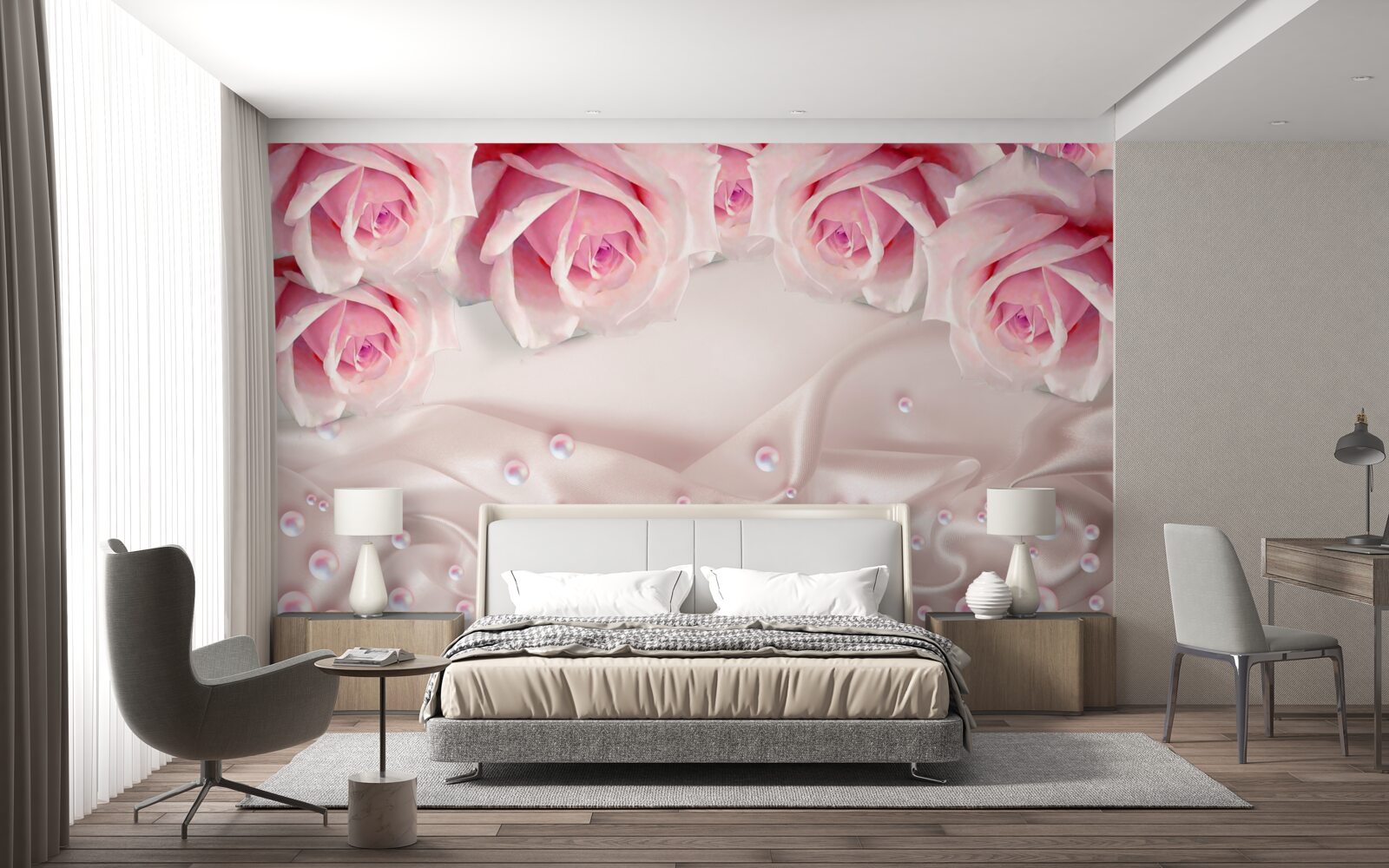 Papier peint ensemble complexe de perles et de roses roses en soie