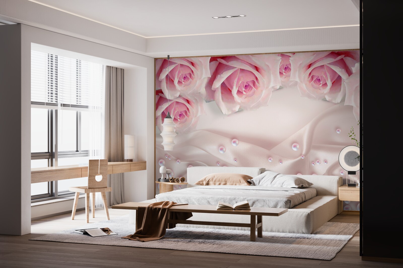 Papier peint ensemble complexe de perles et de roses roses en soie