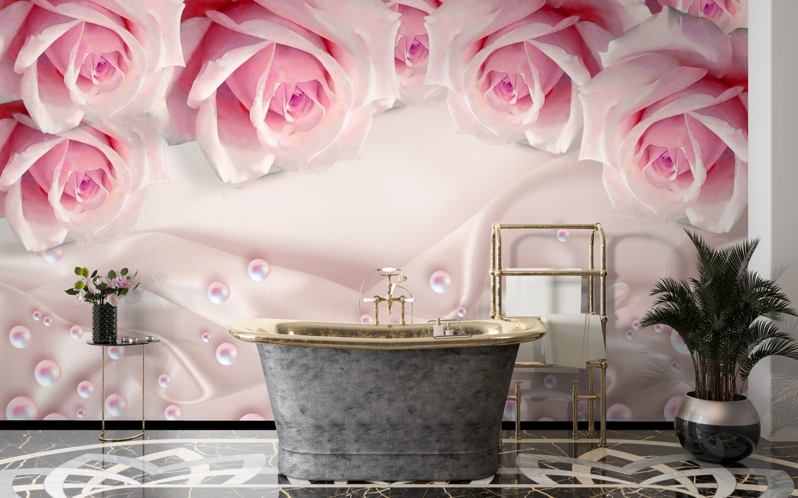 Papier peint ensemble complexe de perles et de roses roses en soie