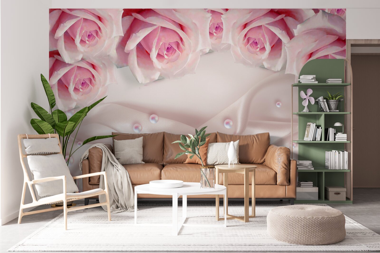 Papier peint ensemble complexe de perles et de roses roses en soie