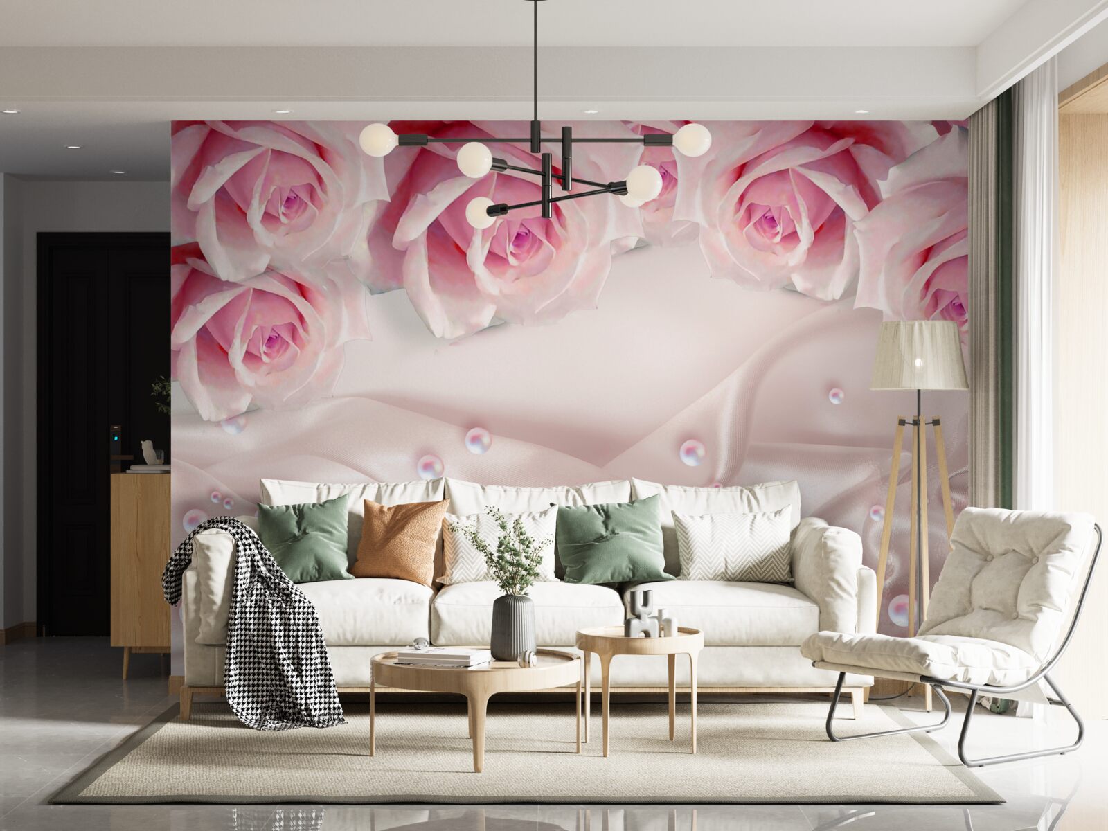 Papier peint ensemble complexe de perles et de roses roses en soie