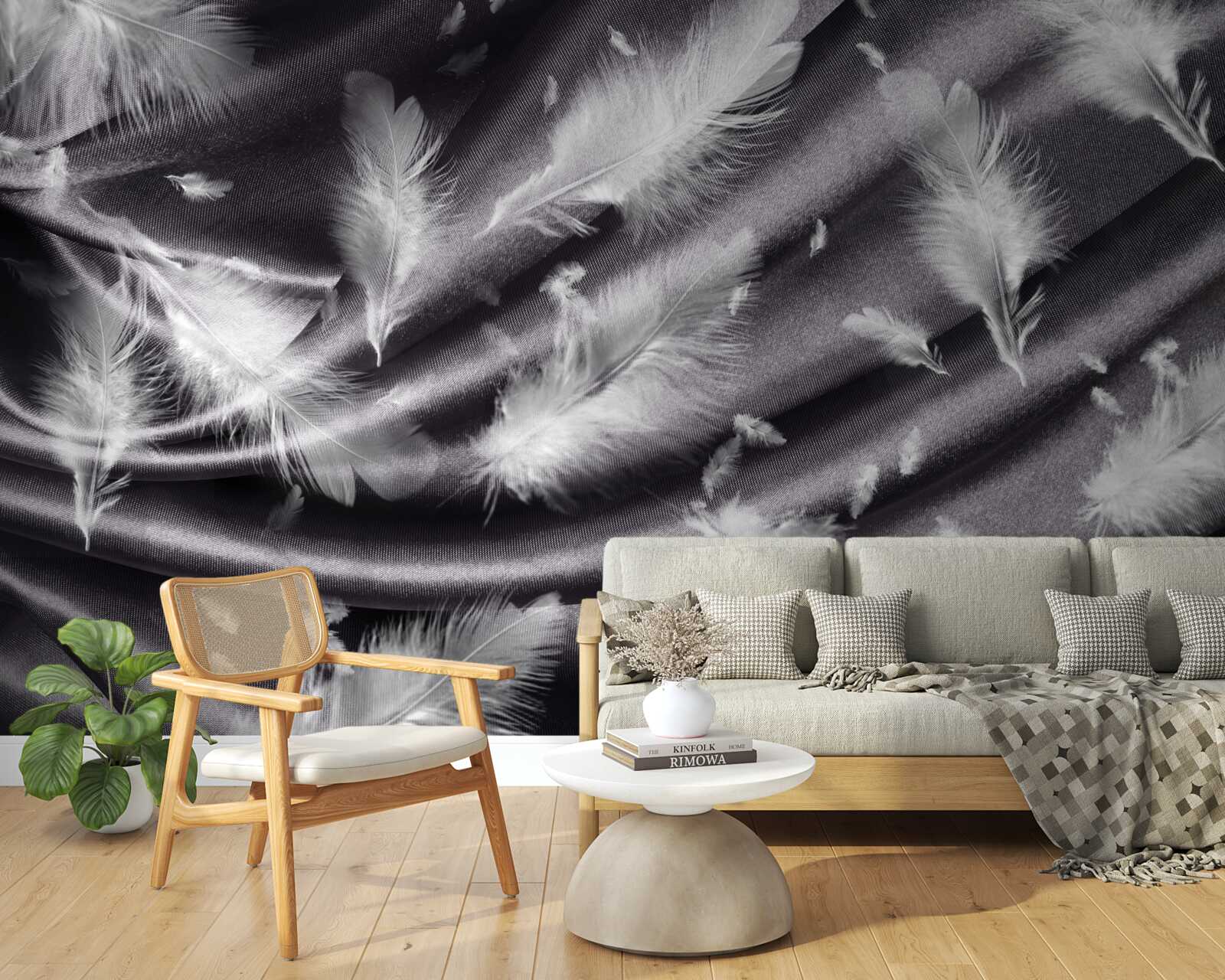 Papier peint des plumes de blanc neige sont placées sur le tissu gris