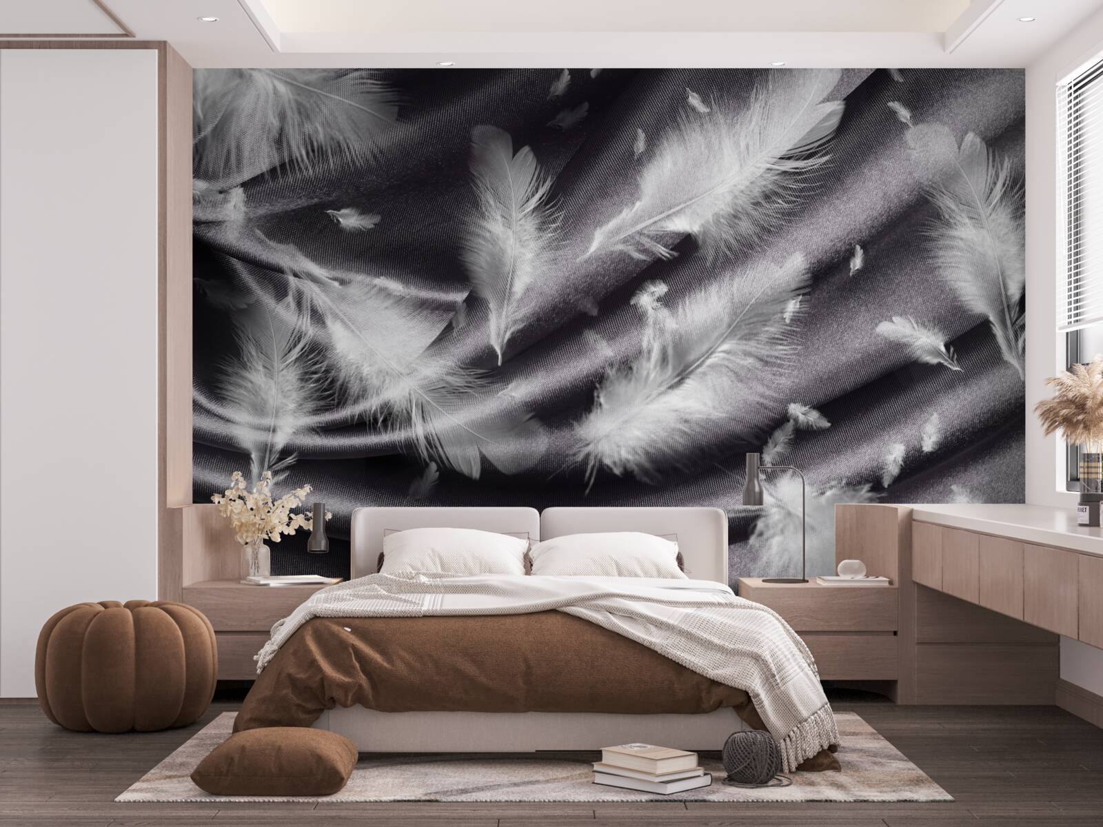 Papier peint des plumes de blanc neige sont placées sur le tissu gris