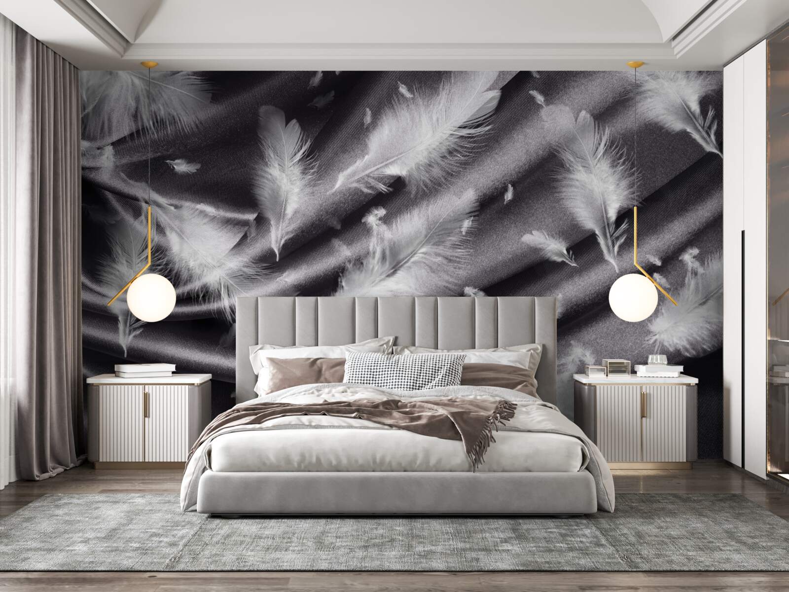 Papier peint des plumes de blanc neige sont placées sur le tissu gris