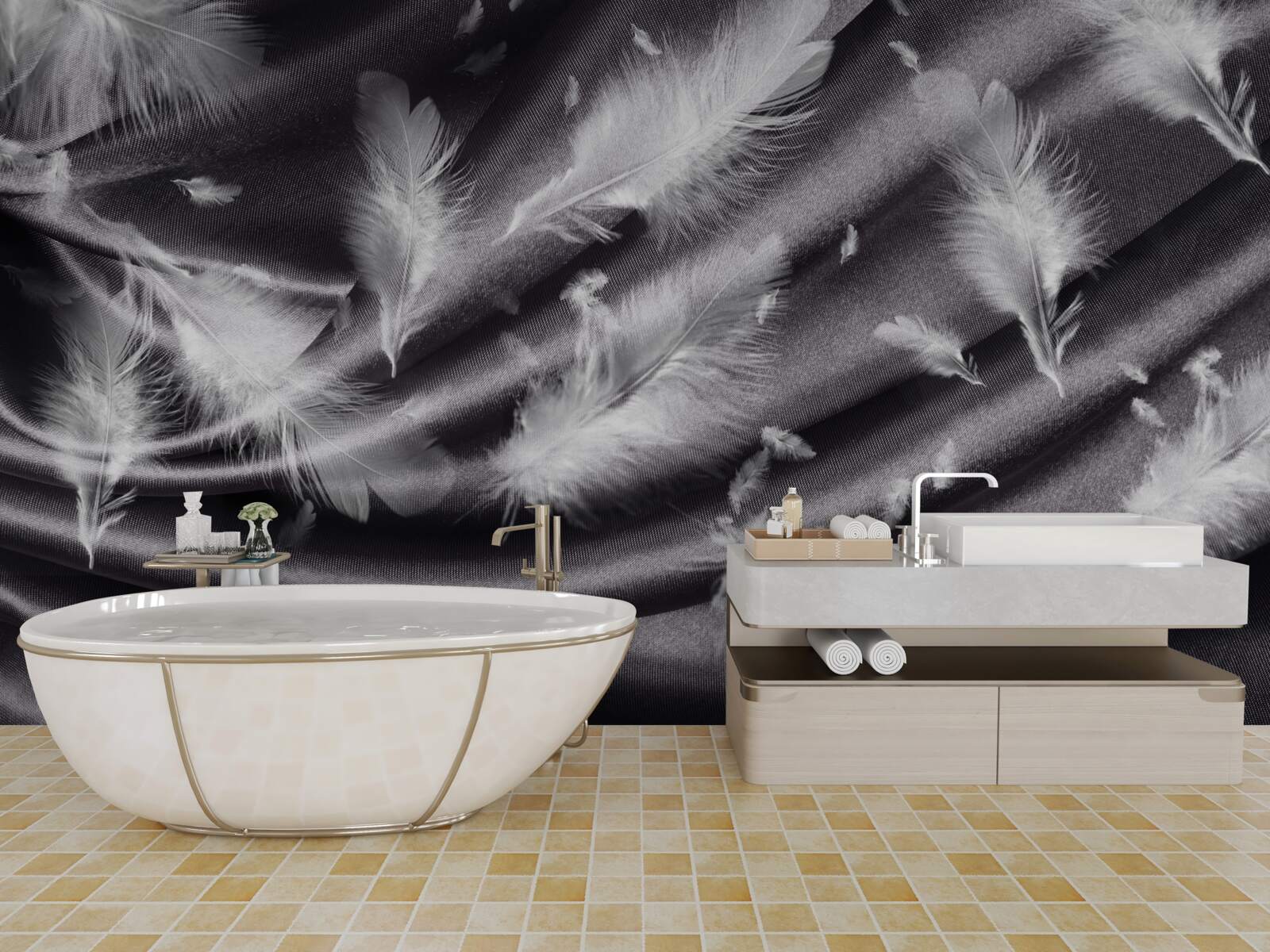 Papier peint des plumes de blanc neige sont placées sur le tissu gris