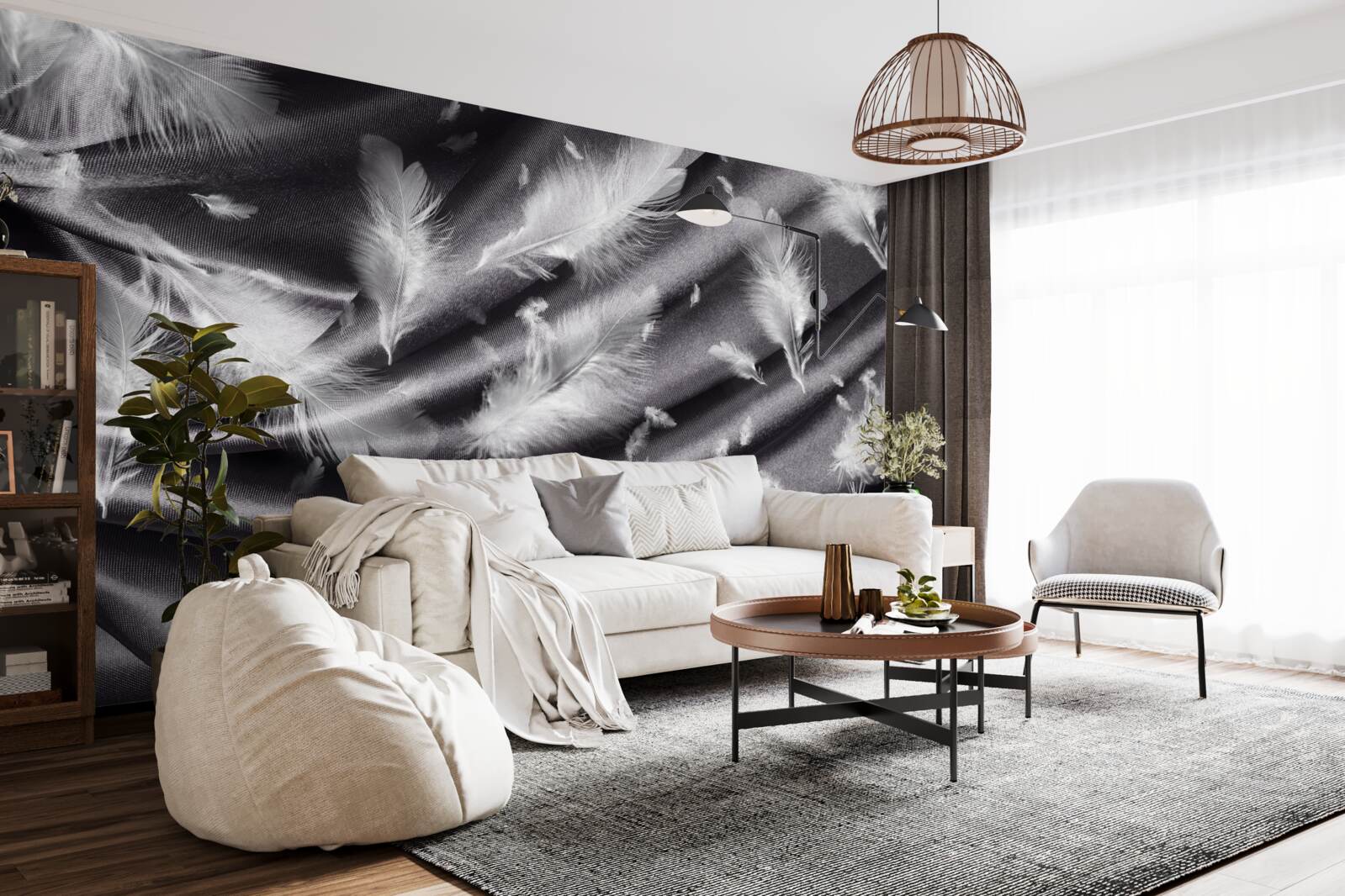 Papier peint des plumes de blanc neige sont placées sur le tissu gris