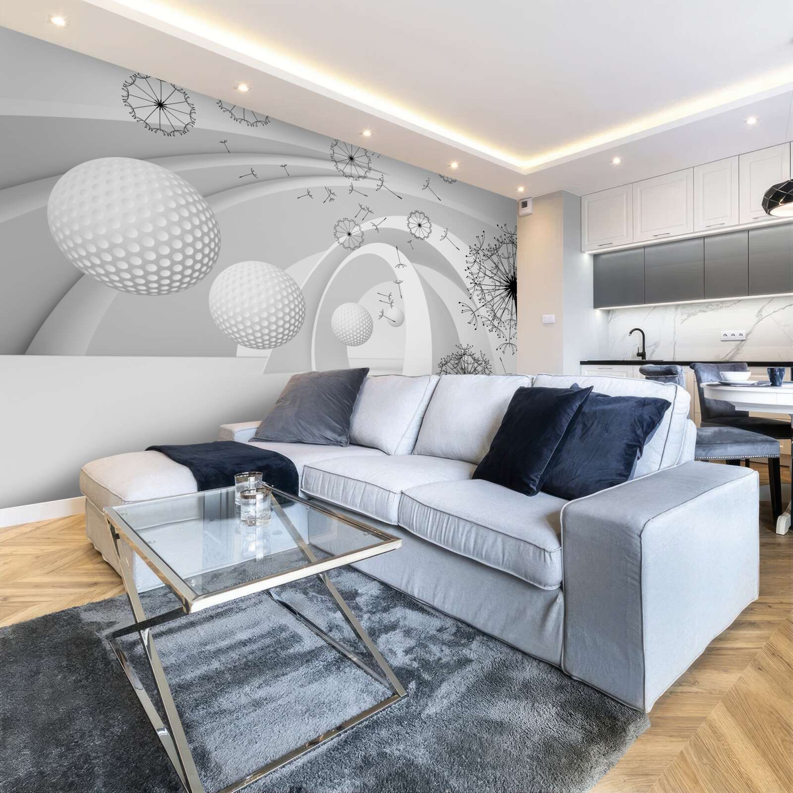 Papier peint Les arches sont blanches comme la neige et décorées de fleurs de pissenlit.