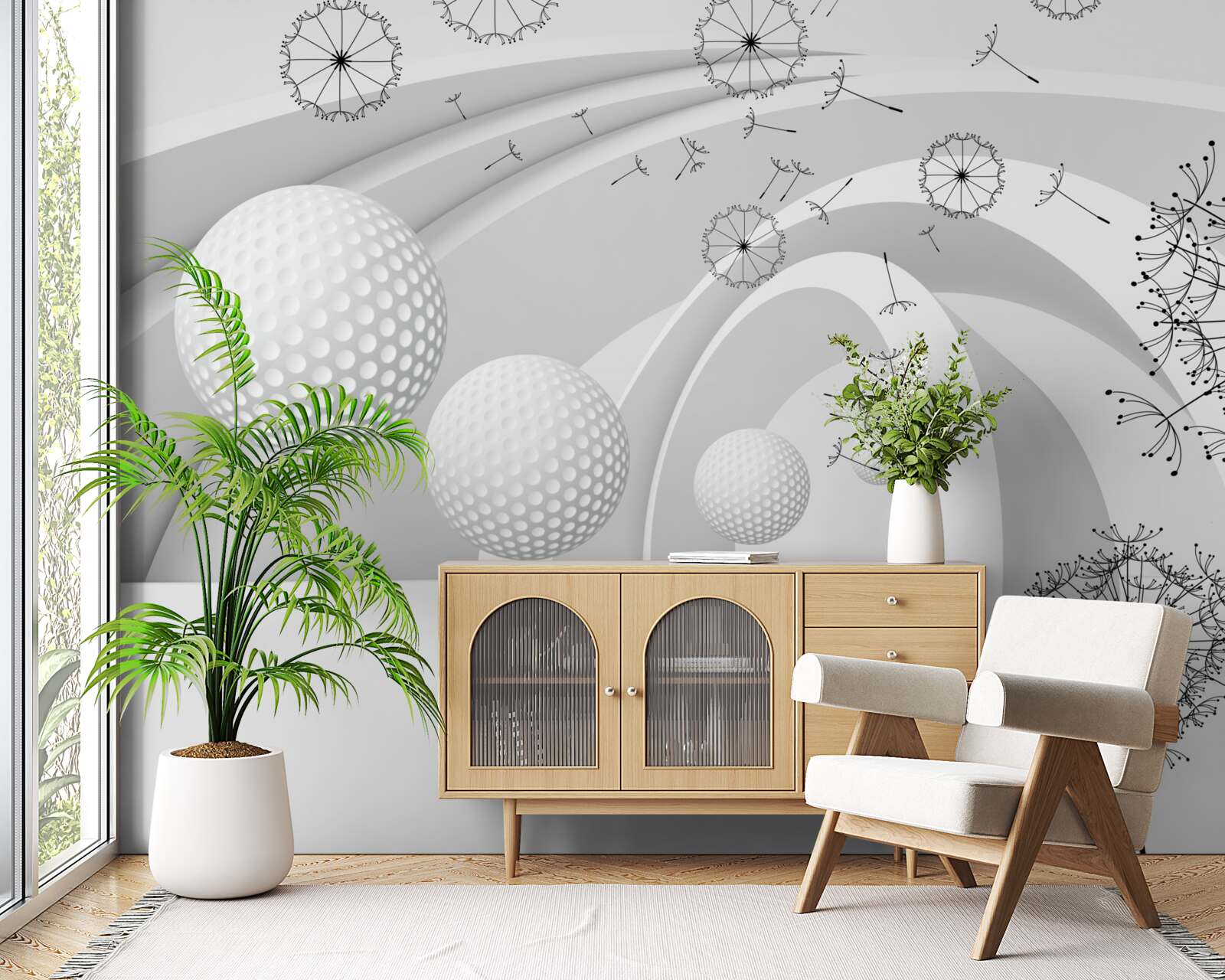 Papier peint Les arches sont blanches comme la neige et décorées de fleurs de pissenlit.