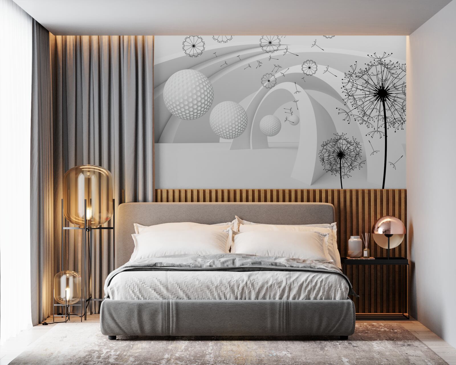 Papier peint Les arches sont blanches comme la neige et décorées de fleurs de pissenlit.